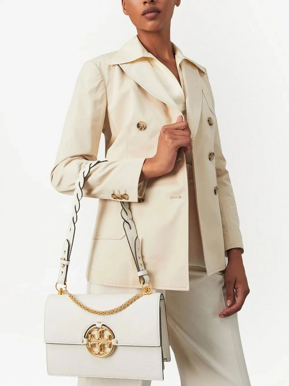Tory Burch Miller Ivory Leather Shoulder Bag Single Strap Satchel Handbag Bag Gold Chain Strap New