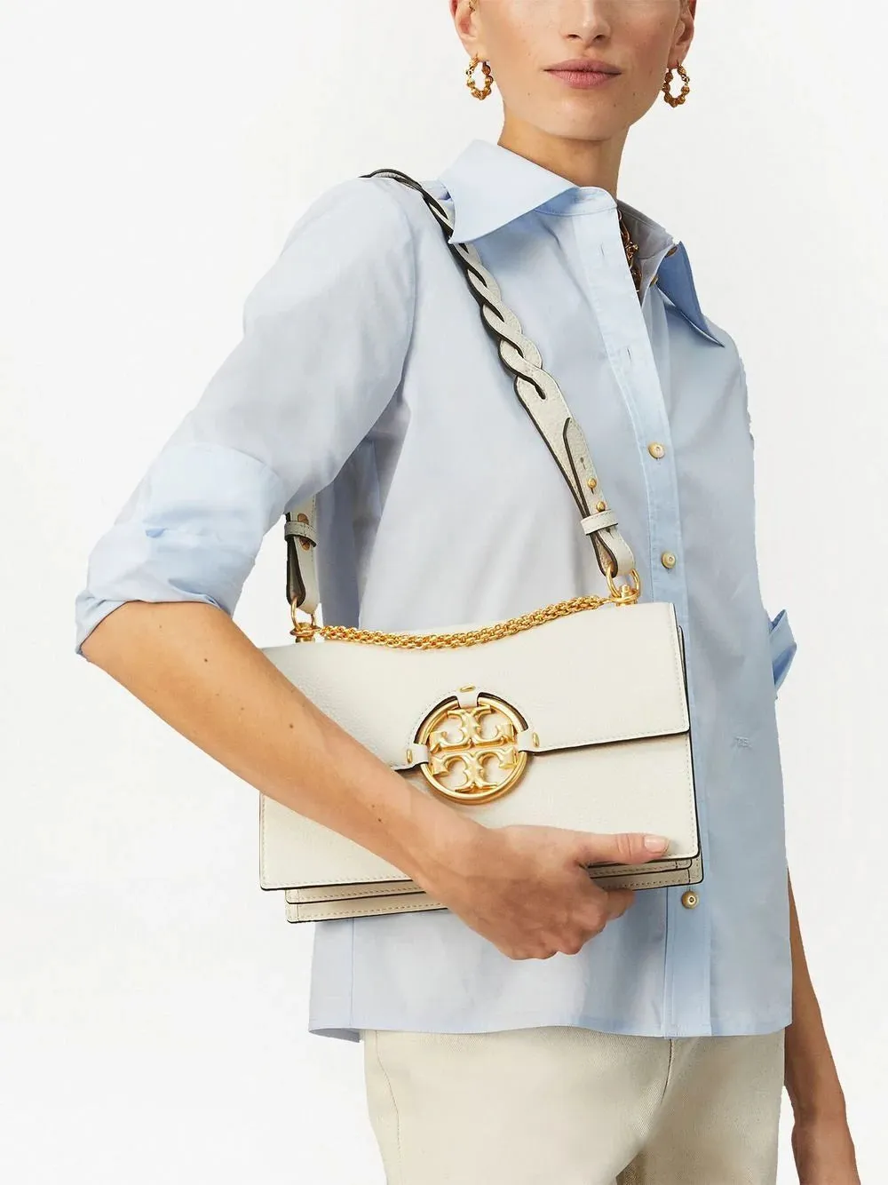 Tory Burch Miller Ivory Leather Shoulder Bag Single Strap Satchel Handbag Bag Gold Chain Strap New