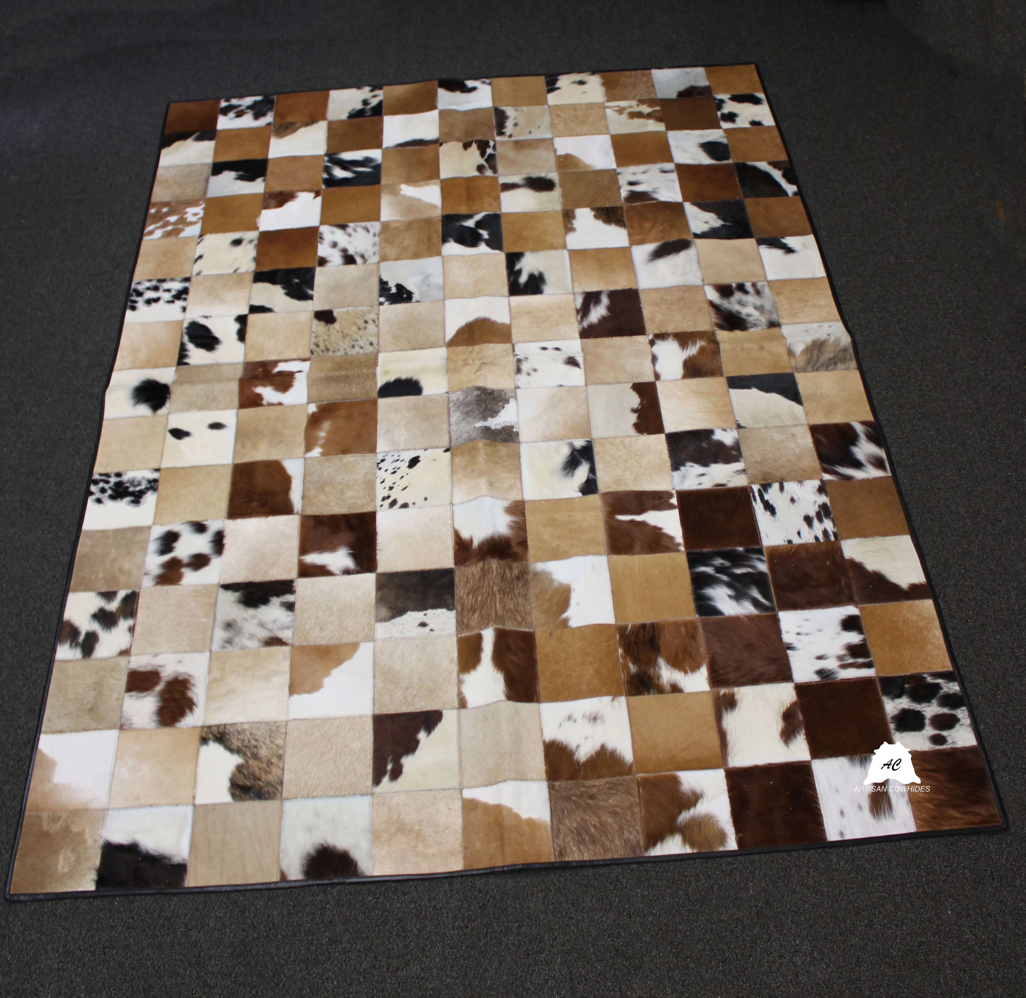 Tricolor Patchwork Cowhide Rug – 7.4ft x 5.5 ft Premium Cowhide Rug