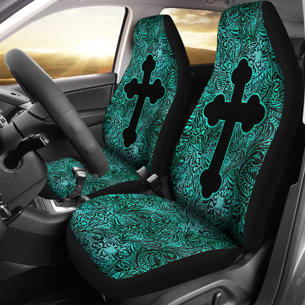 Turquoise Tooled Leather Style Car Seat Covers With Catholic Style Christian Cross