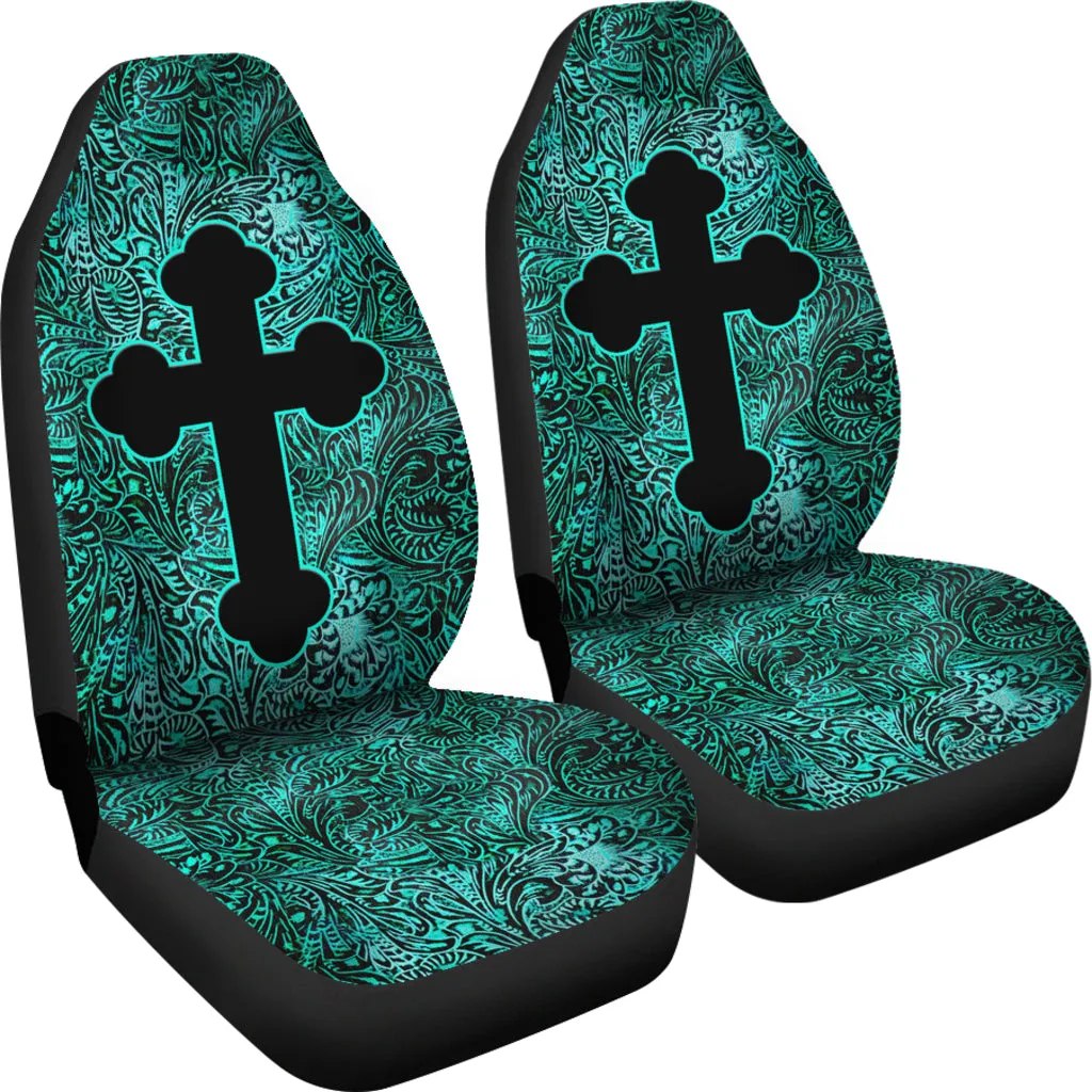 Turquoise Tooled Leather Style Car Seat Covers With Catholic Style Christian Cross