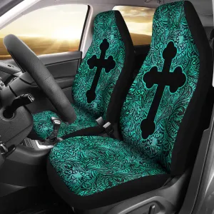 Turquoise Tooled Leather Style Car Seat Covers With Catholic Style Christian Cross