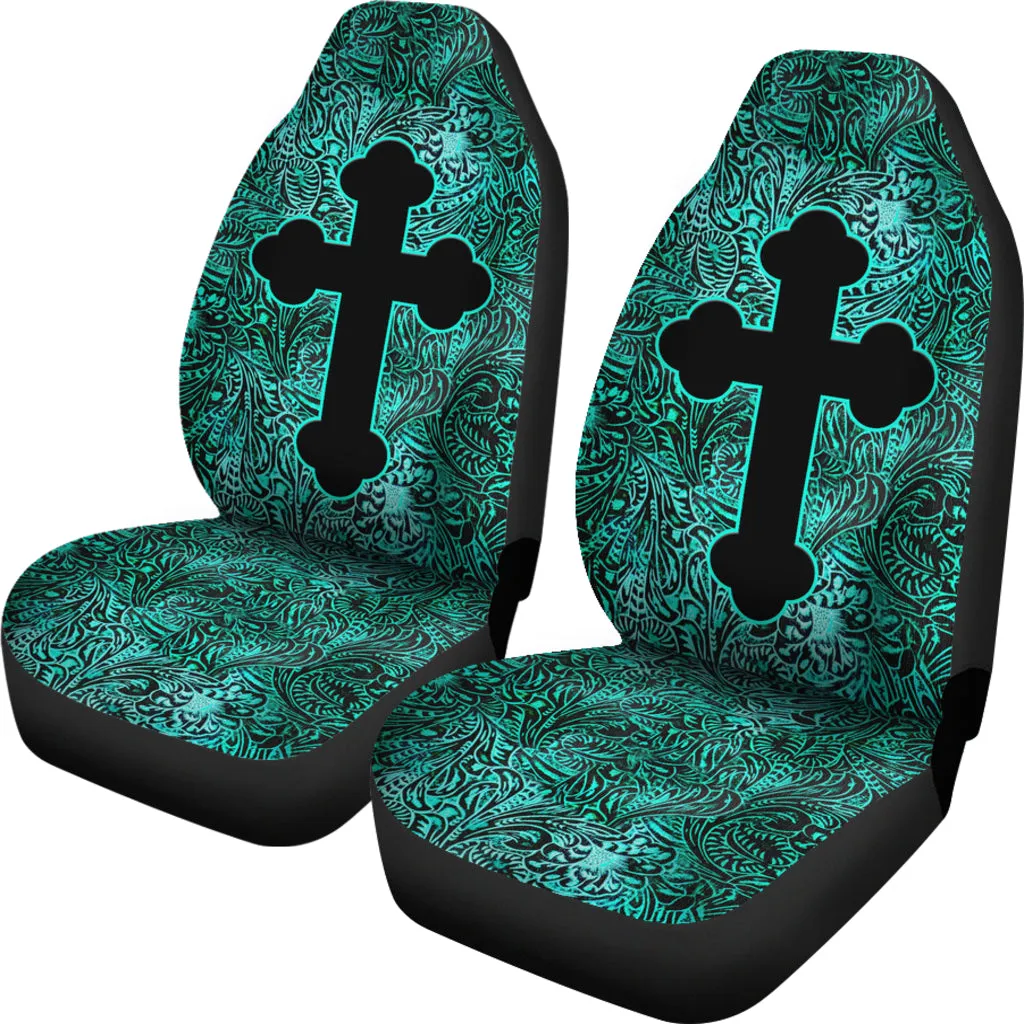 Turquoise Tooled Leather Style Car Seat Covers With Catholic Style Christian Cross