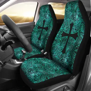 Turquoise Tooled Leather Style Pattern Car Seat Covers With Christian Cross