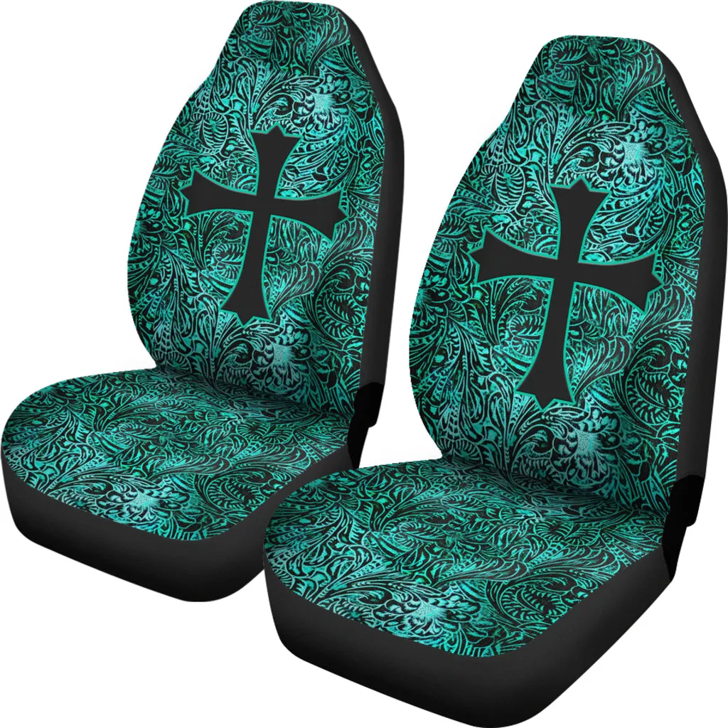 Turquoise Tooled Leather Style Pattern Car Seat Covers With Christian Cross