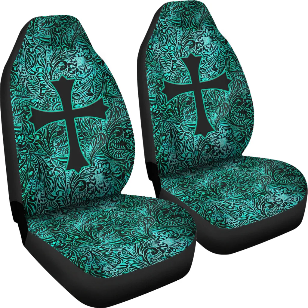 Turquoise Tooled Leather Style Pattern Car Seat Covers With Christian Cross
