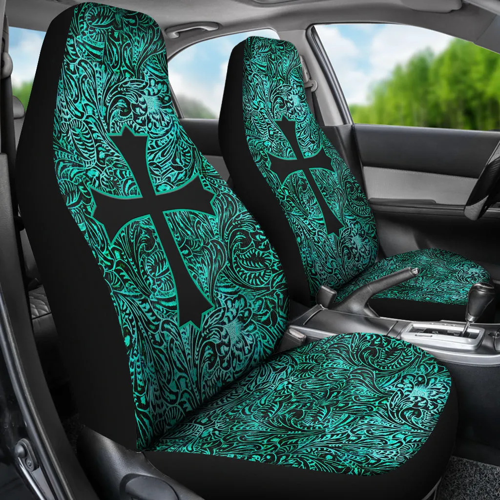 Turquoise Tooled Leather Style Pattern Car Seat Covers With Christian Cross