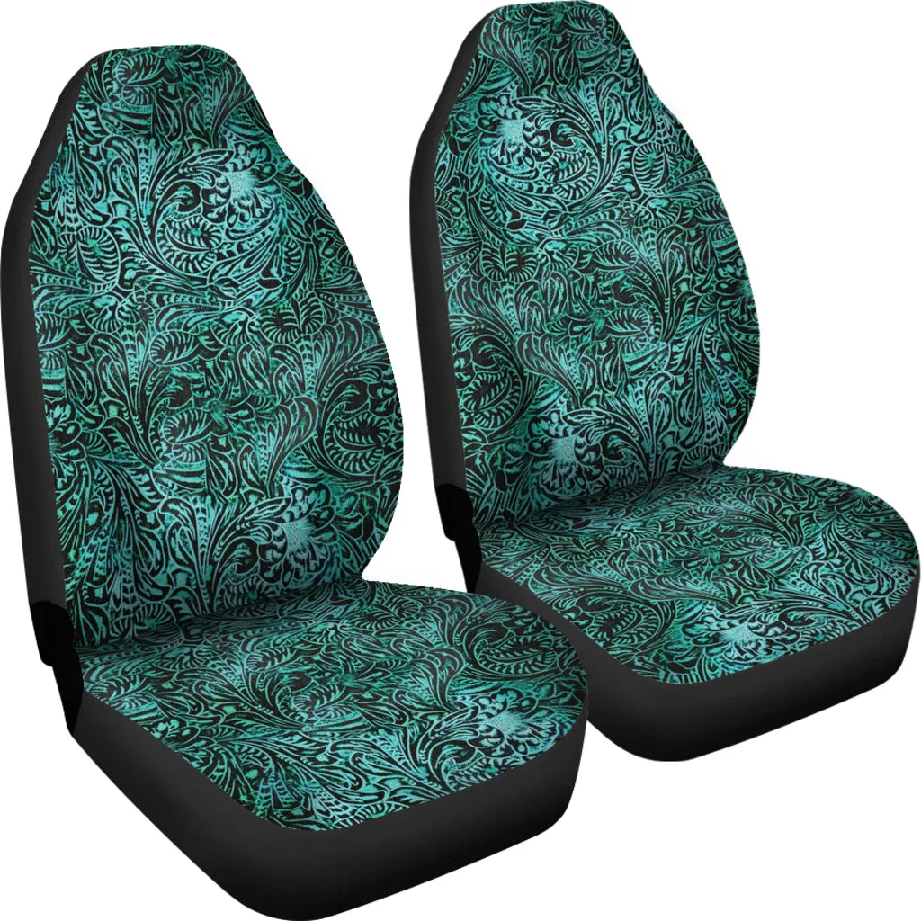 Turquoise Tooled Leather Style Printed Texture Design Car Seat Covers