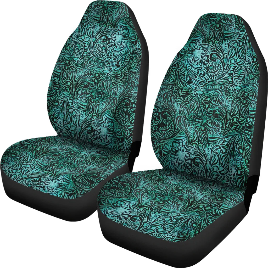 Turquoise Tooled Leather Style Printed Texture Design Car Seat Covers