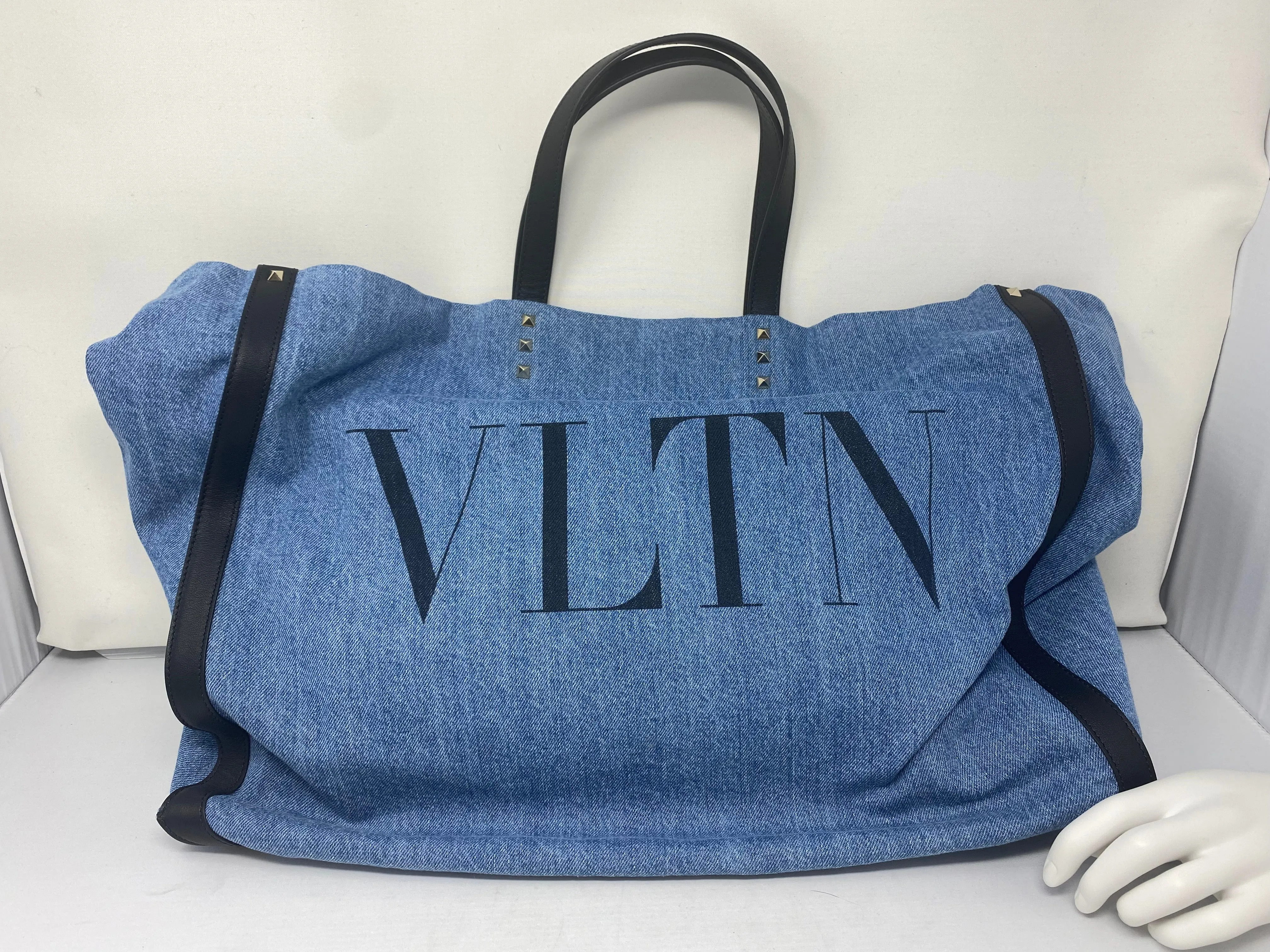Valentino Denim Logo Rockstud Tote Bag