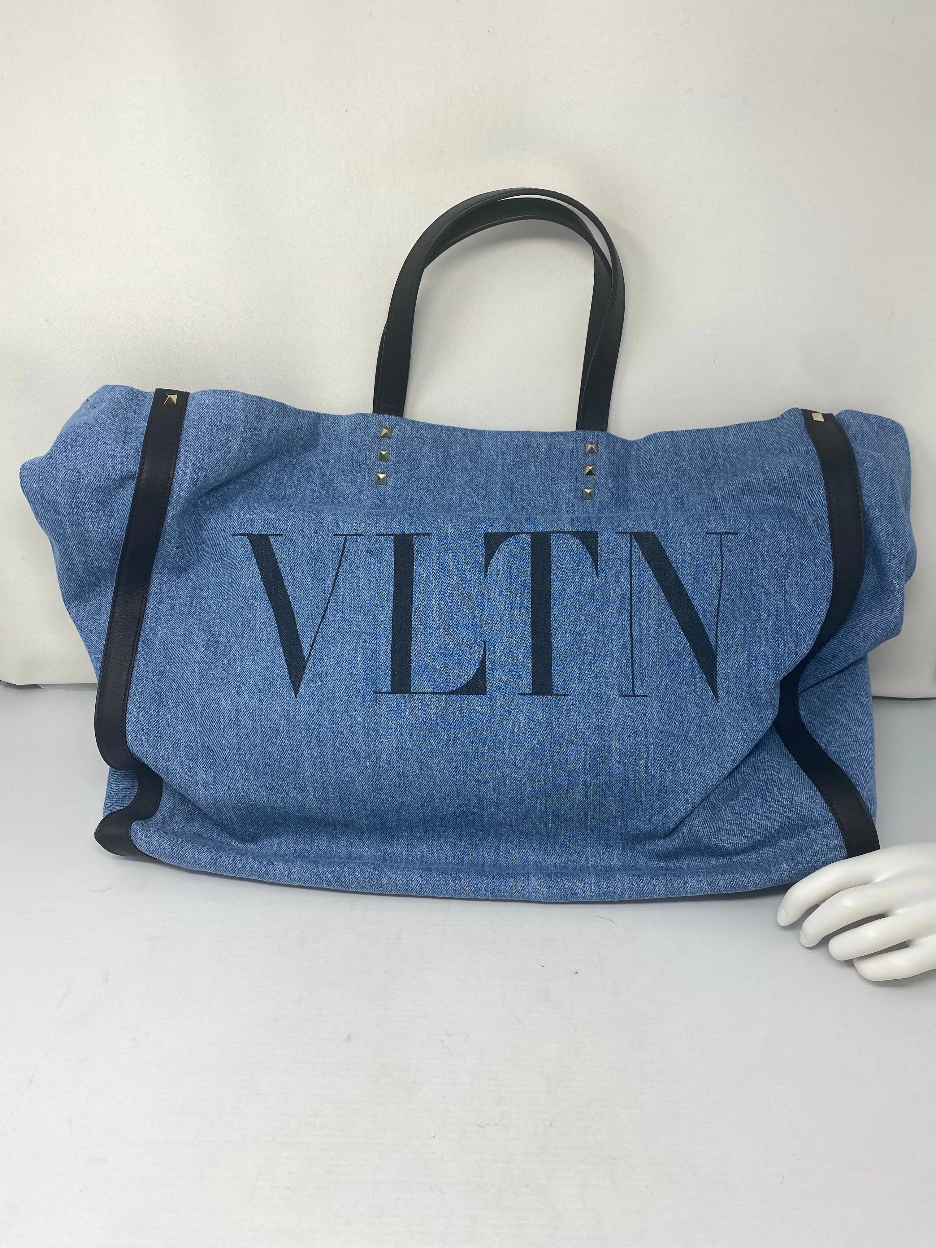 Valentino Denim Logo Rockstud Tote Bag
