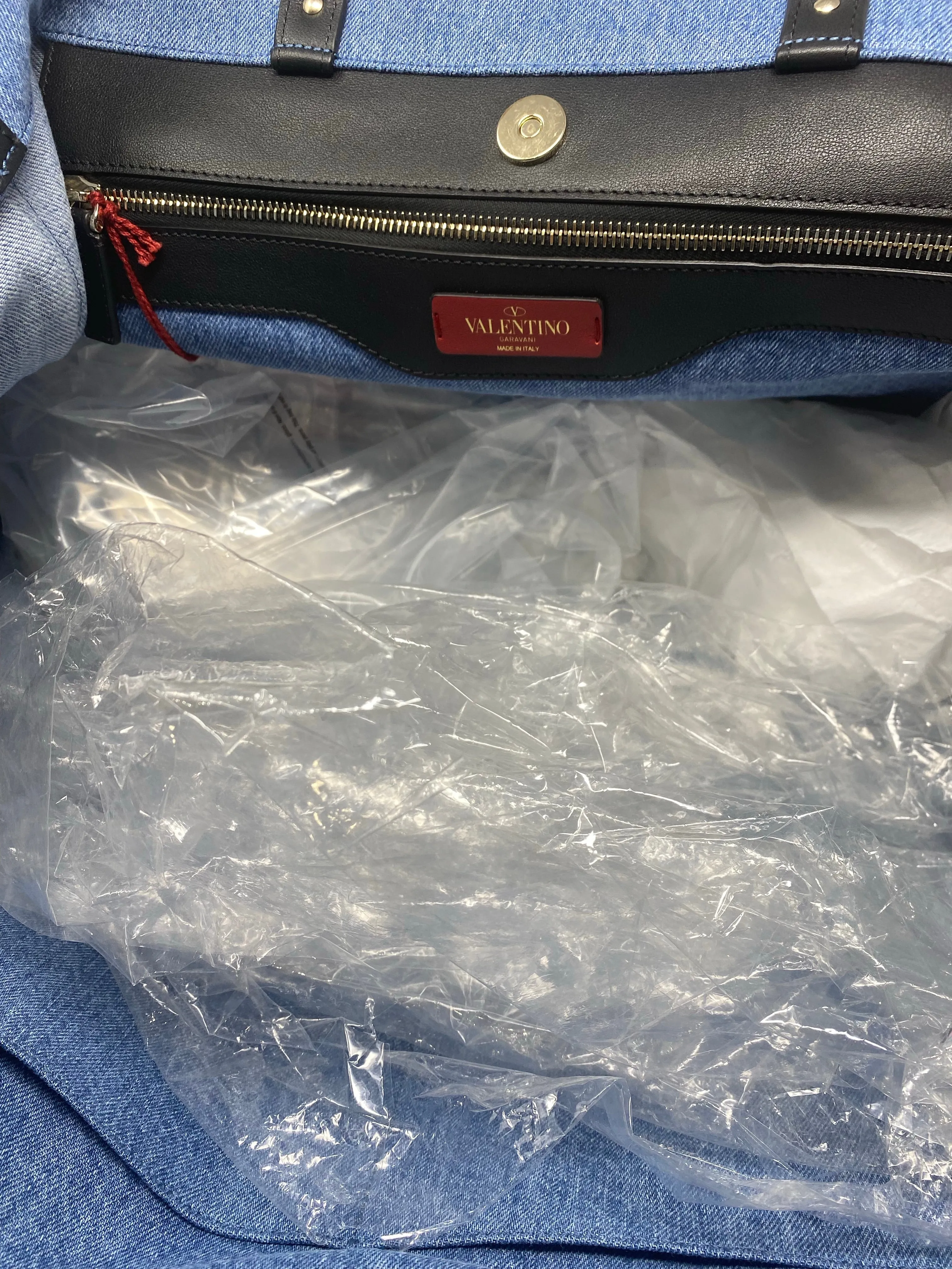 Valentino Denim Logo Rockstud Tote Bag