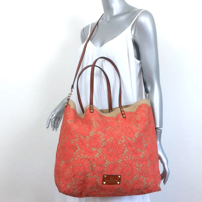 Valentino Glam Reversible Lace Tote Orange/Tan Large Crossbody Shoulder Bag