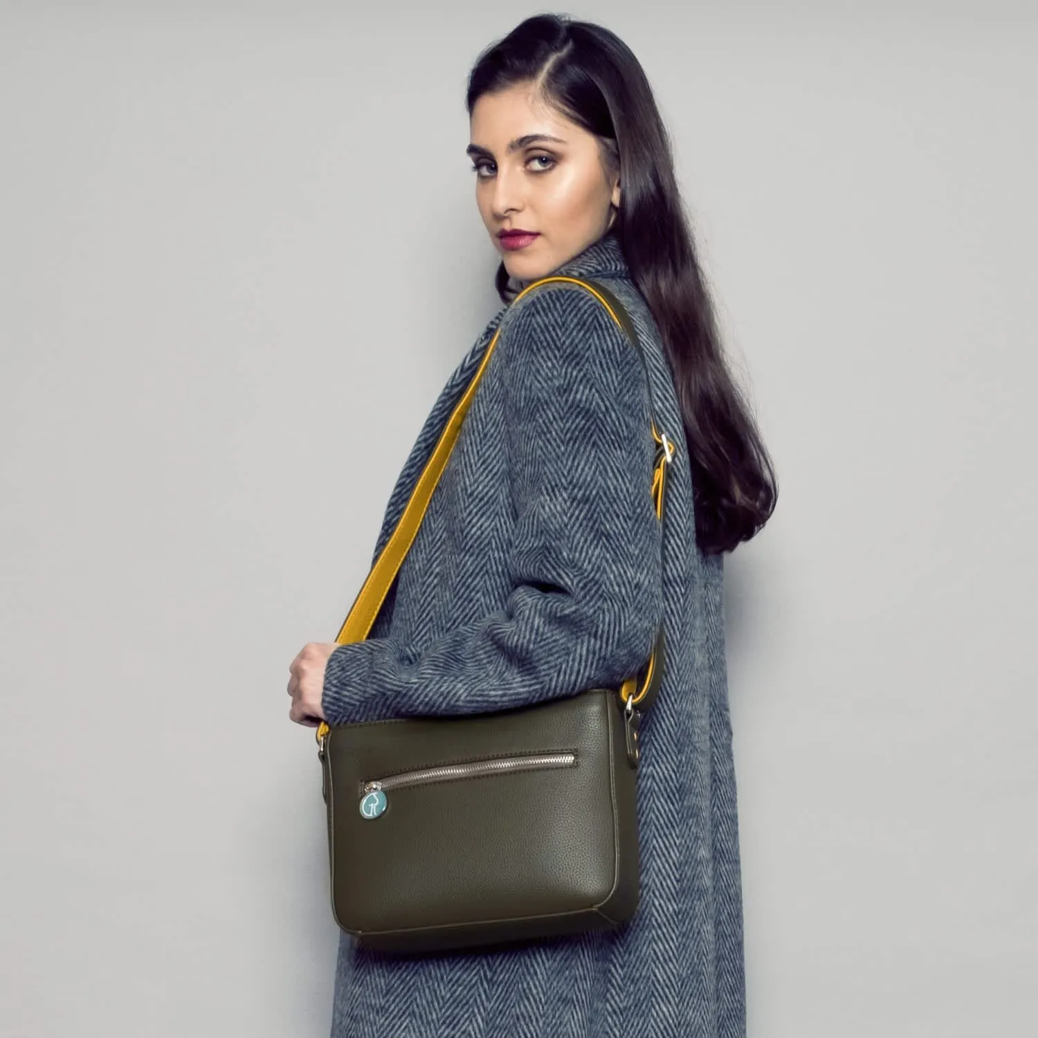 Vegan Leather Crossbody Handbag | Green & Mustard