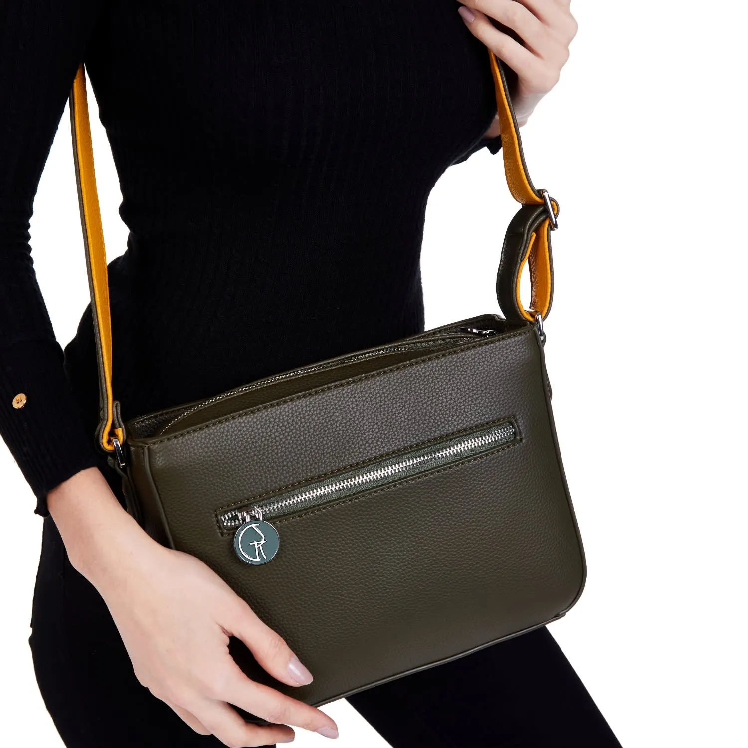 Vegan Leather Crossbody Handbag | Green & Mustard