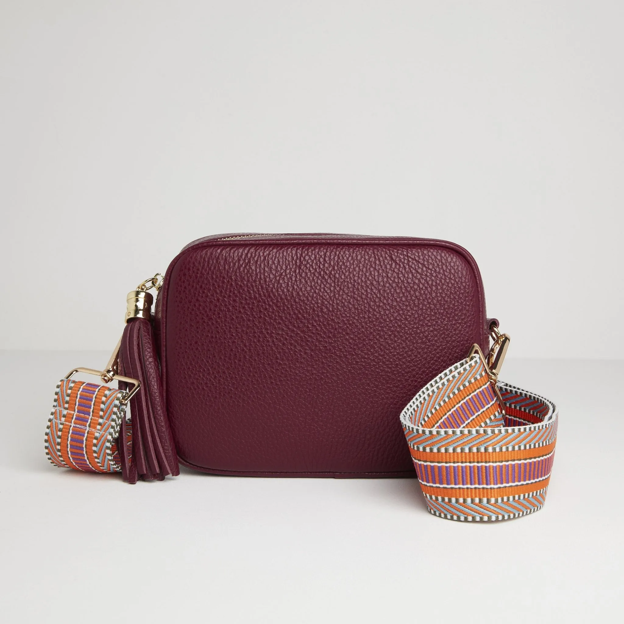 Verona Crossbody Burgundy Tassel Bag With Orange Aztec Strap
