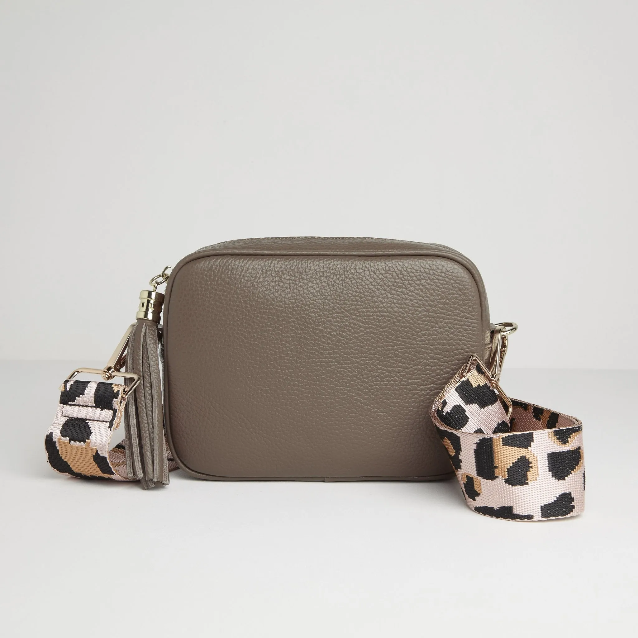 Verona Crossbody Dark Taupe Tassel Bag With Light Pink Leopard Strap