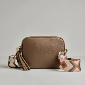 Verona Crossbody Dark Taupe Tassel Bag With Pastel Boho Strap