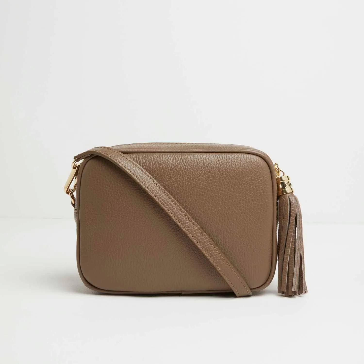 Verona Crossbody Dark Taupe Tassel Bag With Pastel Boho Strap