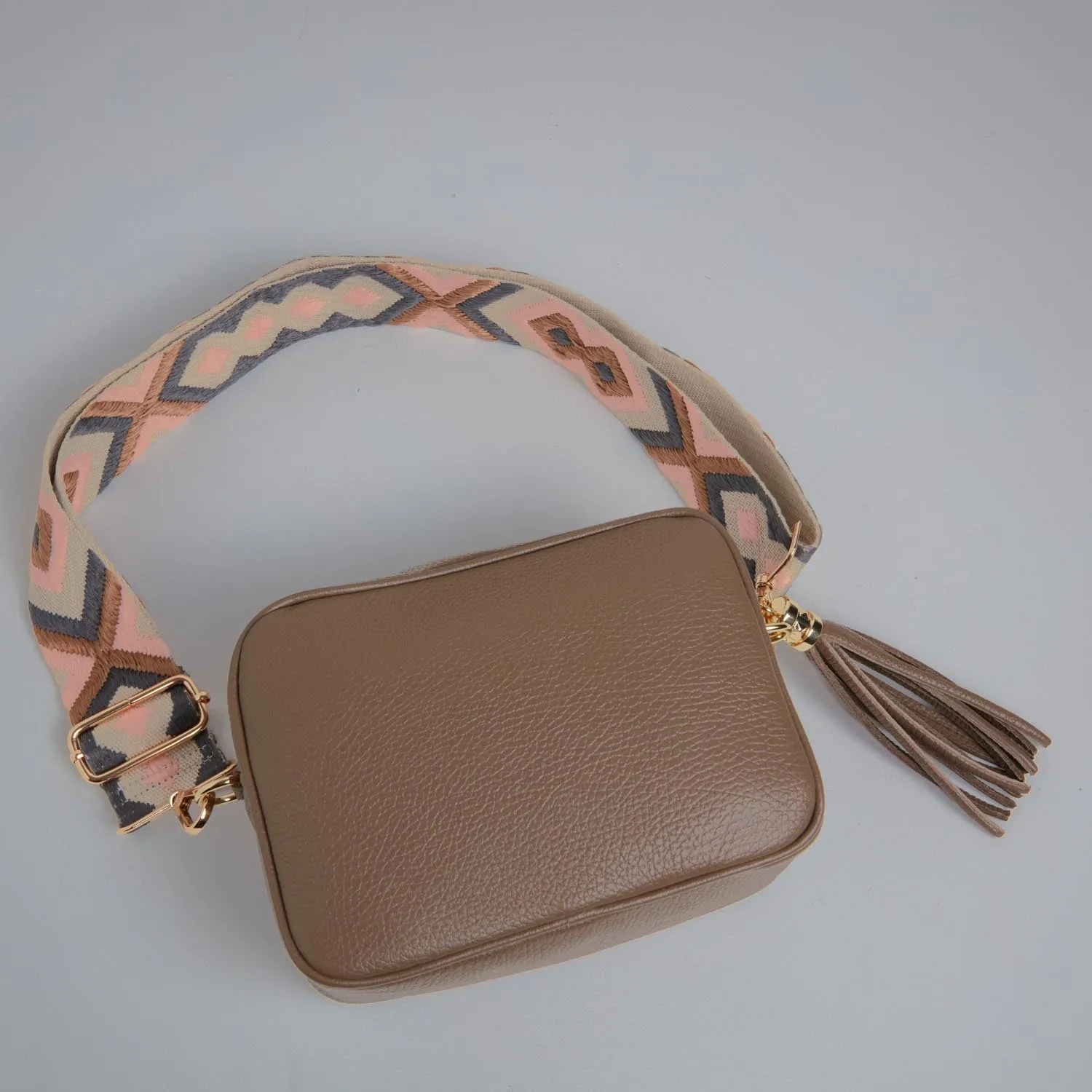 Verona Crossbody Dark Taupe Tassel Bag With Pastel Boho Strap