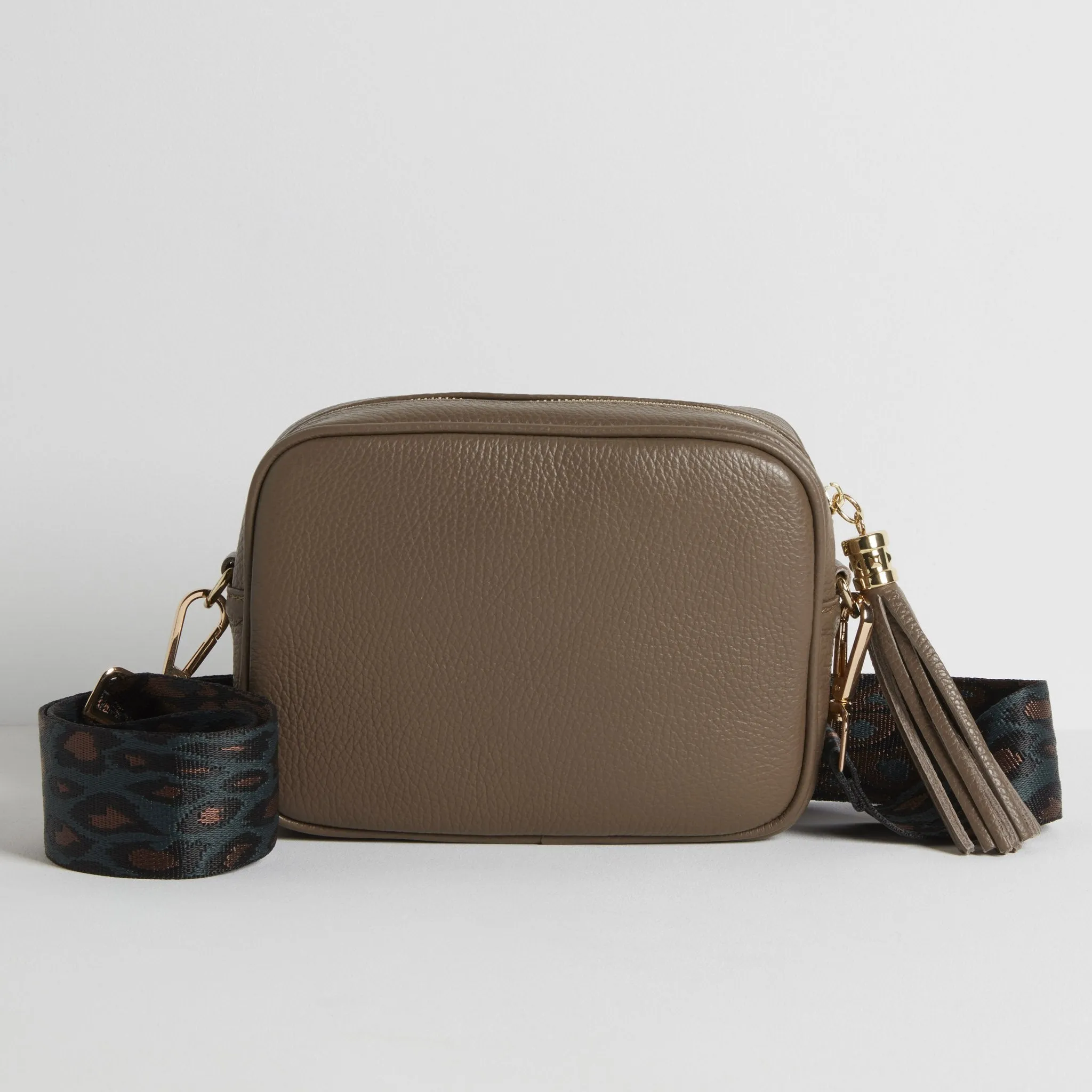 Verona Crossbody Dark Taupe Tassel Bag With Teal and Brown Leopard Strap
