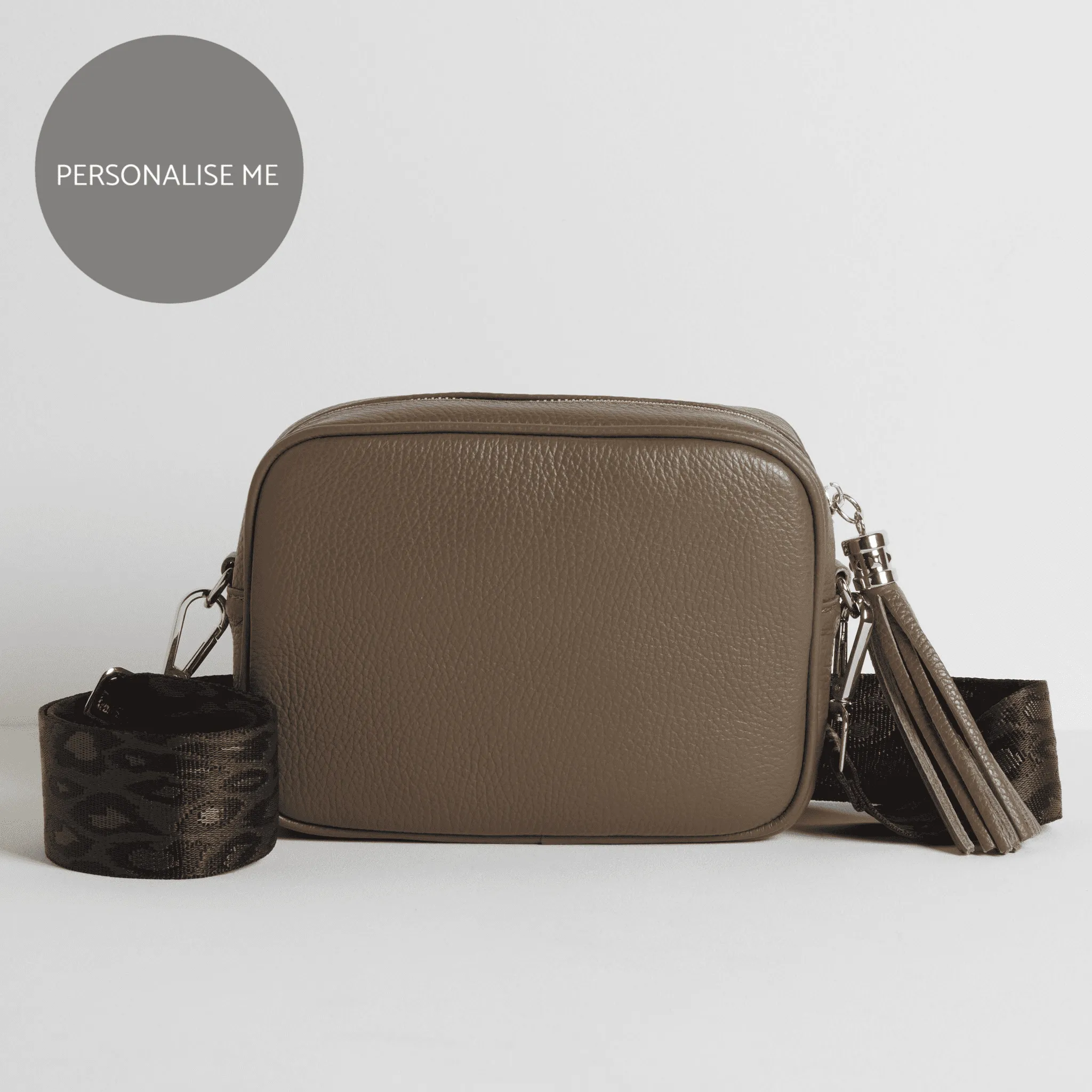 Verona Crossbody Dark Taupe Tassel Bag With Teal and Brown Leopard Strap
