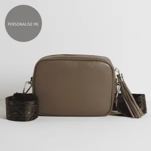 Verona Crossbody Dark Taupe Tassel Bag With Teal and Brown Leopard Strap
