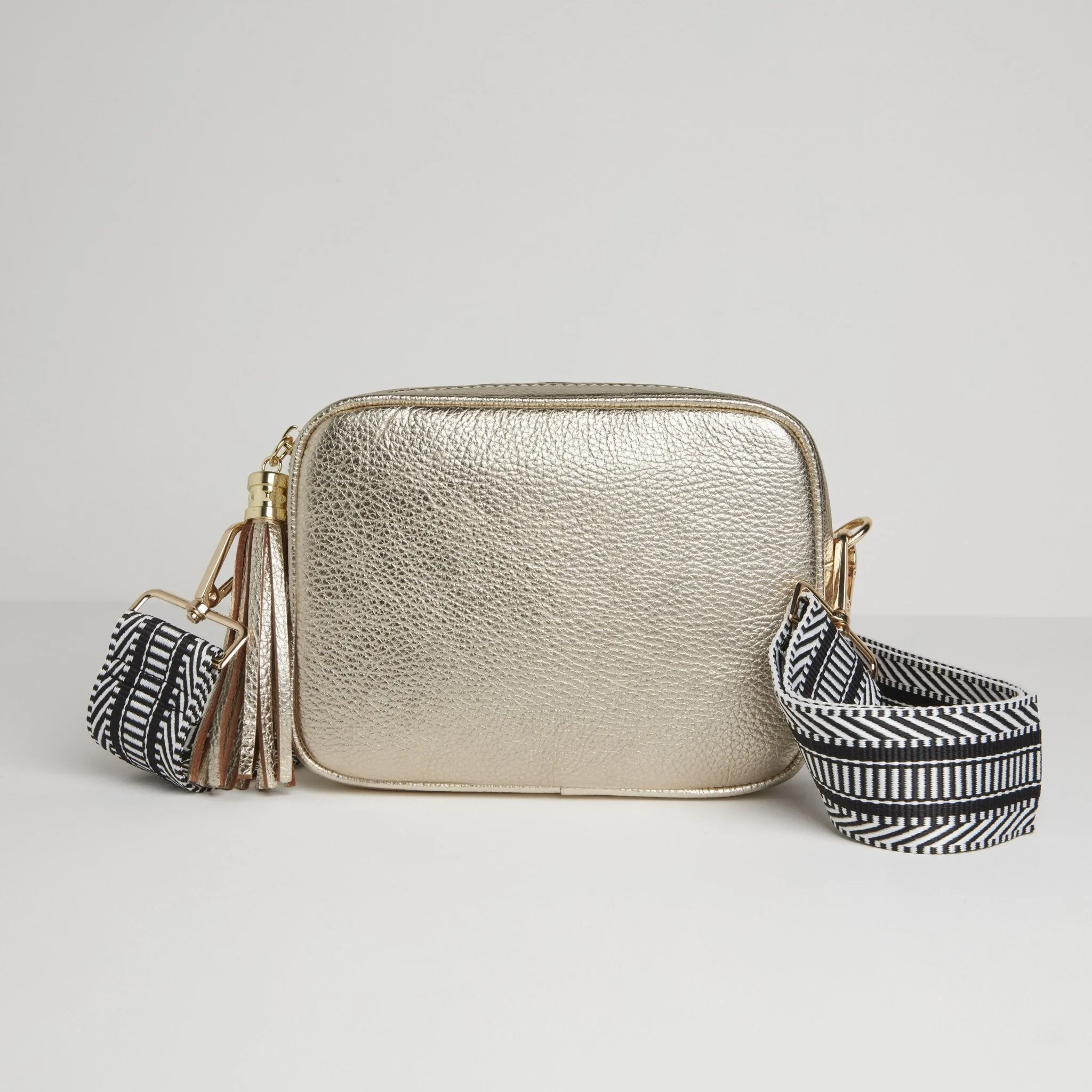 Verona Crossbody Gold Tassel Bag With Black and White Chevron Strap