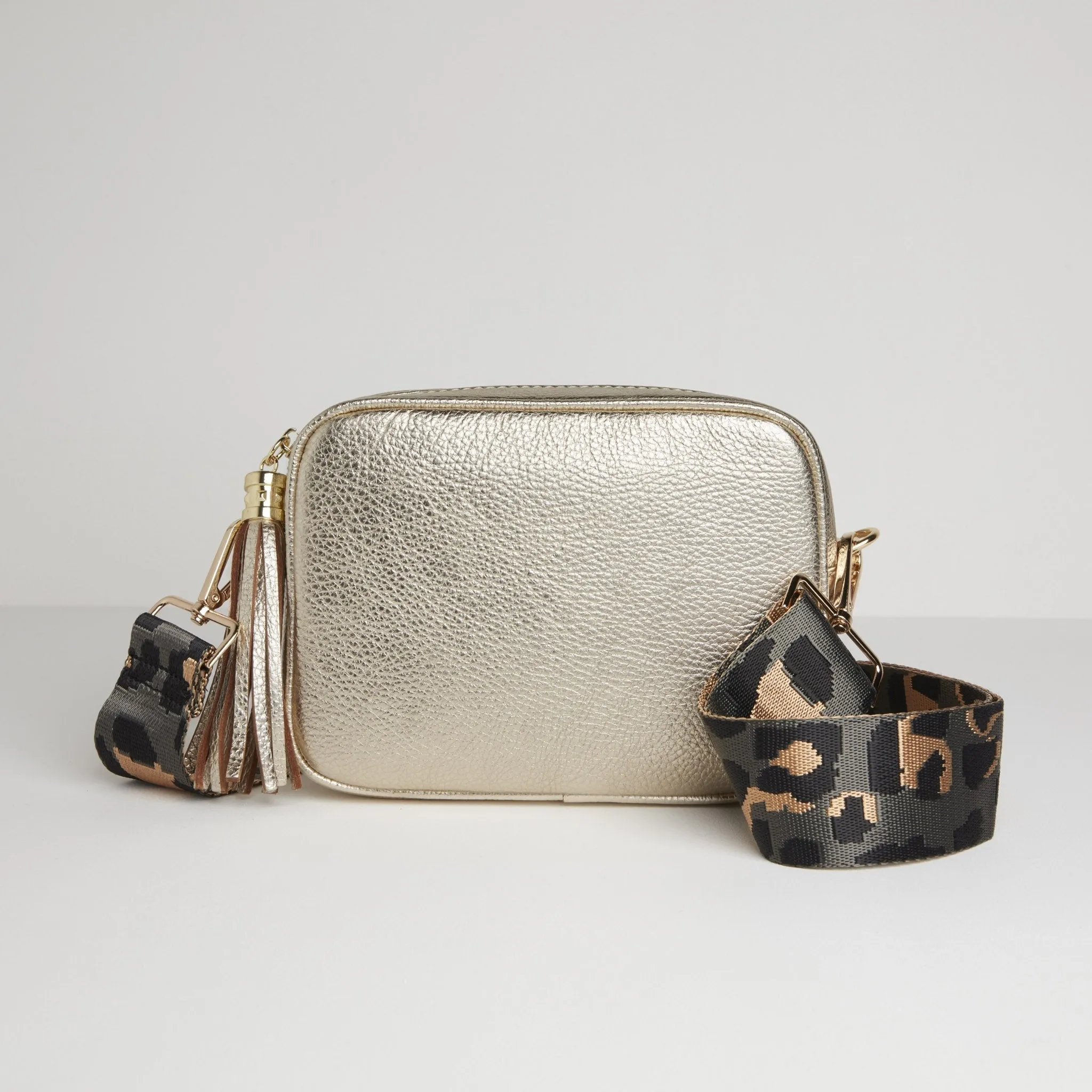 Verona Crossbody Gold Tassel Bag With Dark Leopard Strap
