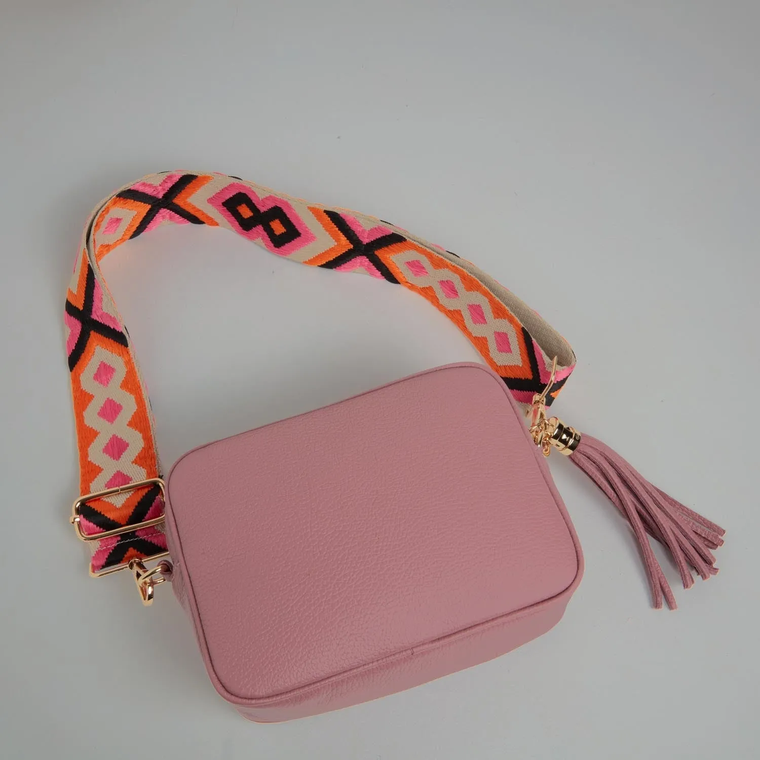 Verona Crossbody Tassel Antique Pink Bag with Orange and Pink Boho Strap