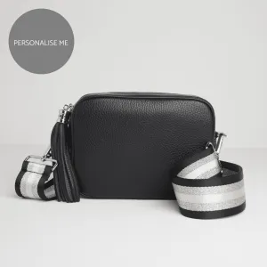 Verona Crossbody Tassel Black Bag with Black and Silver Sparkle Strap