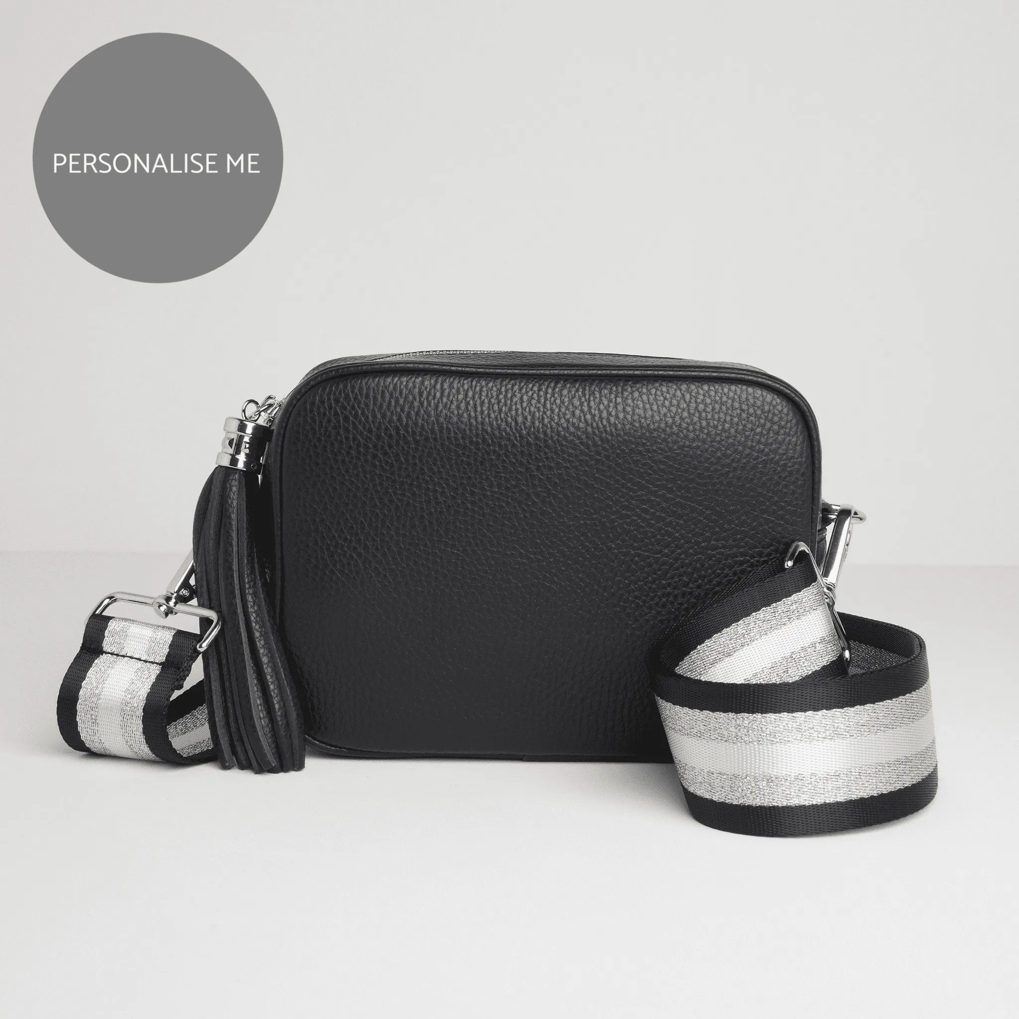 Verona Crossbody Tassel Black Bag with Black and Silver Sparkle Strap