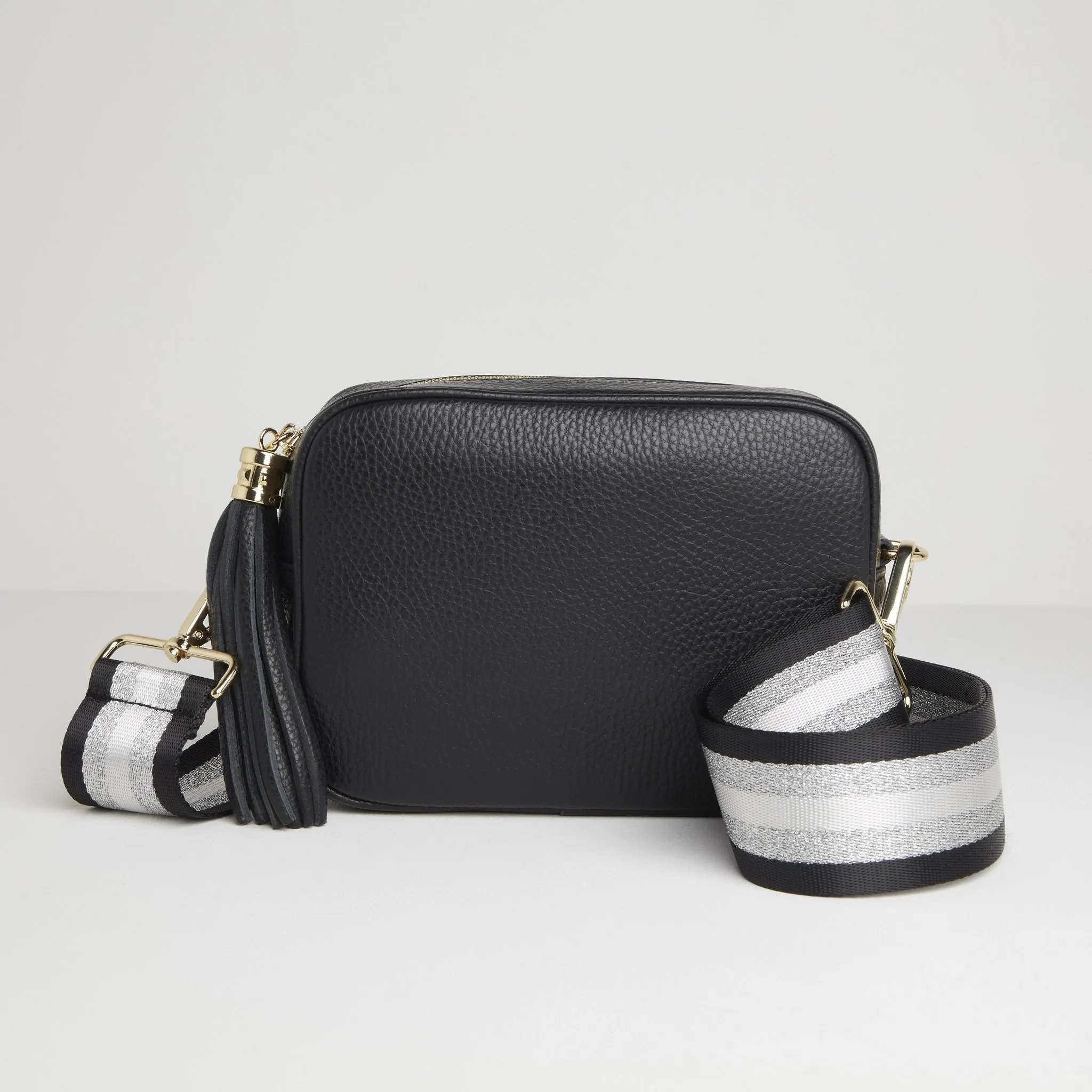 Verona Crossbody Tassel Black Bag with Black and Silver Sparkle Strap