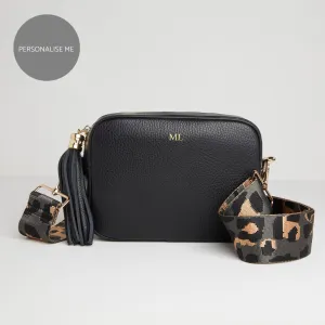 Verona Crossbody Tassel Black Bag with Dark Leopard Strap