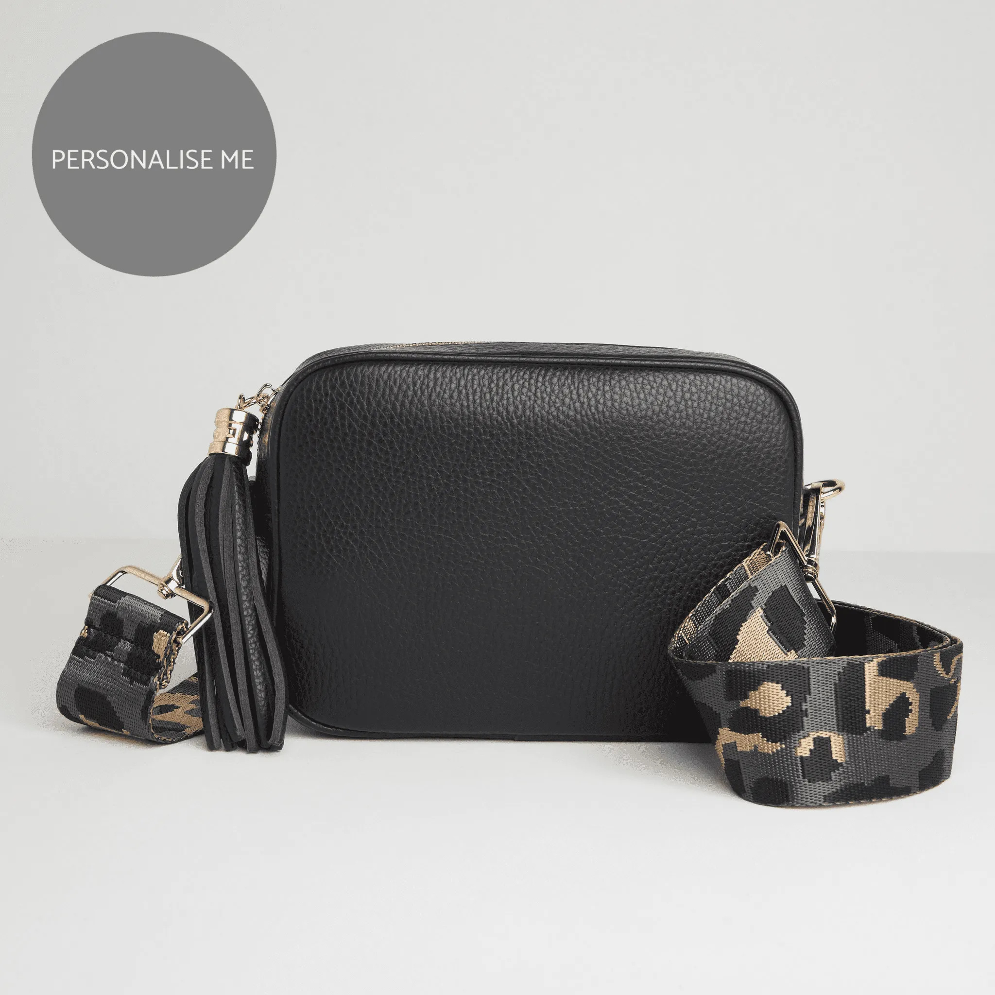 Verona Crossbody Tassel Black Bag with Dark Leopard Strap