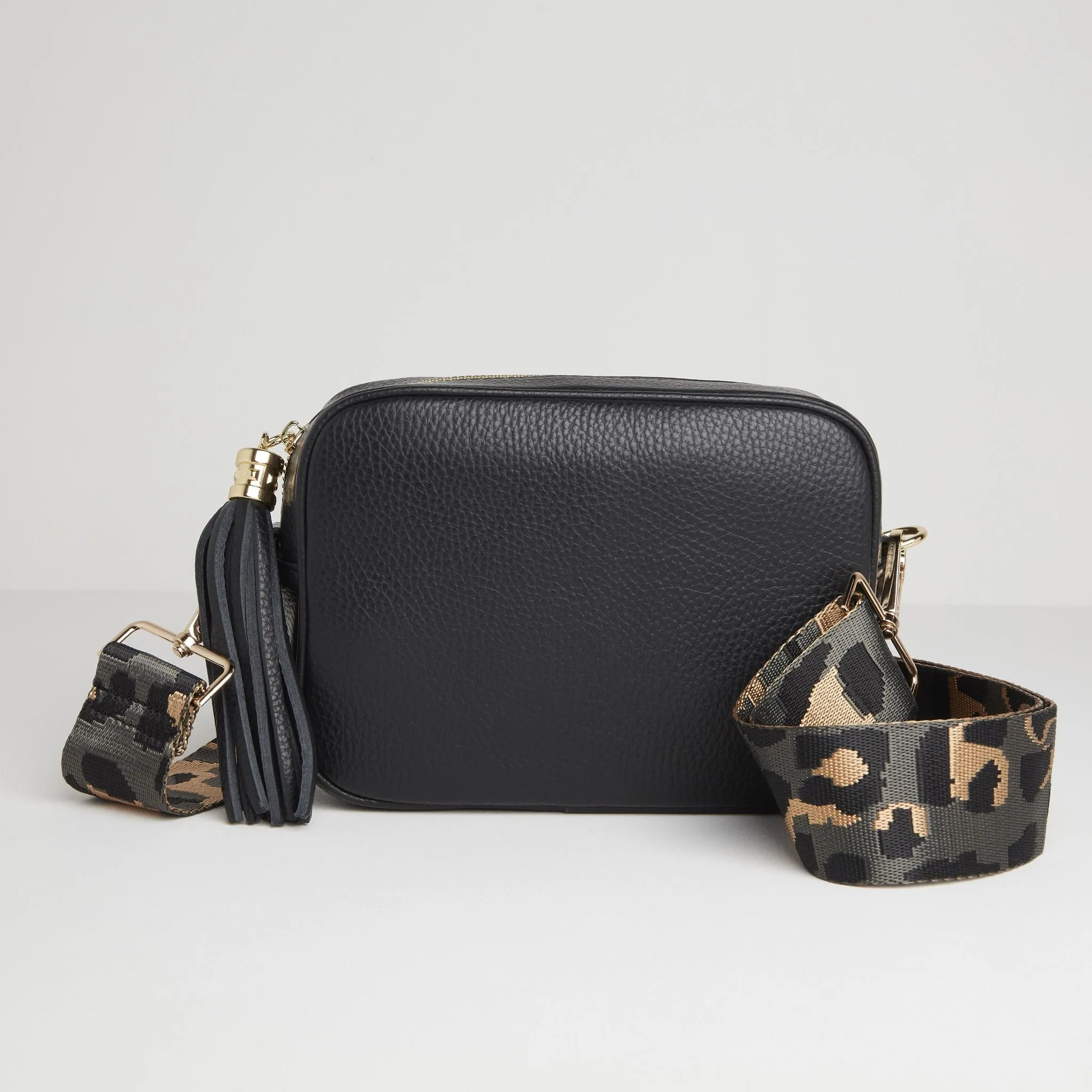Verona Crossbody Tassel Black Bag with Dark Leopard Strap