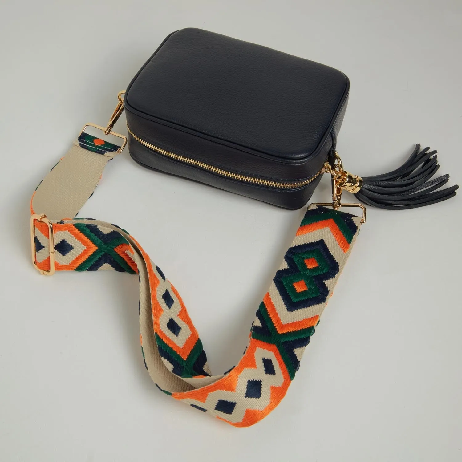 Verona Crossbody Tassel Navy Bag with Navy and Orange Boho Strap