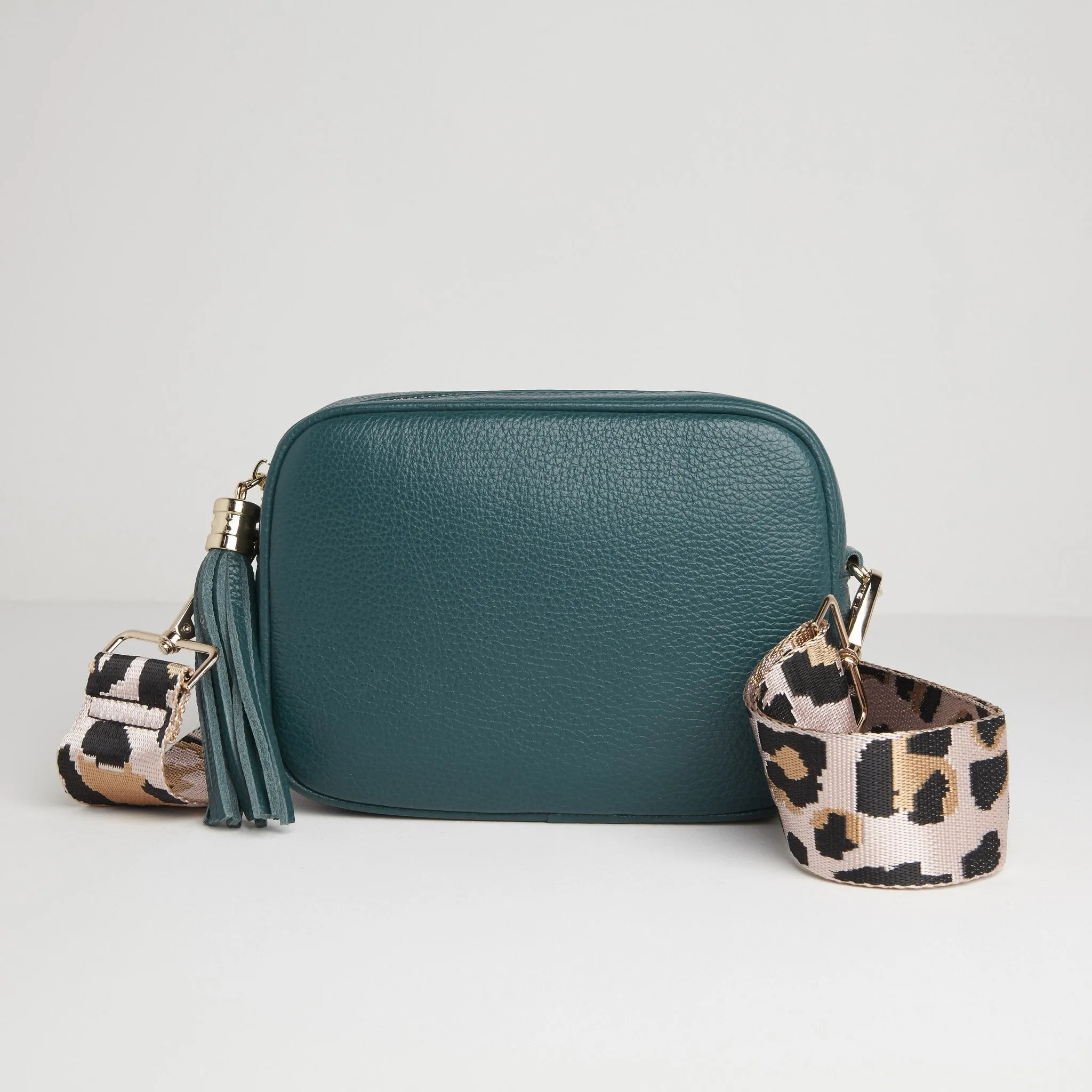 Verona Crossbody Tassel Teal Bag with Light Pink Leopard Strap