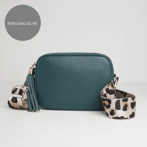 Verona Crossbody Tassel Teal Bag with Light Pink Leopard Strap
