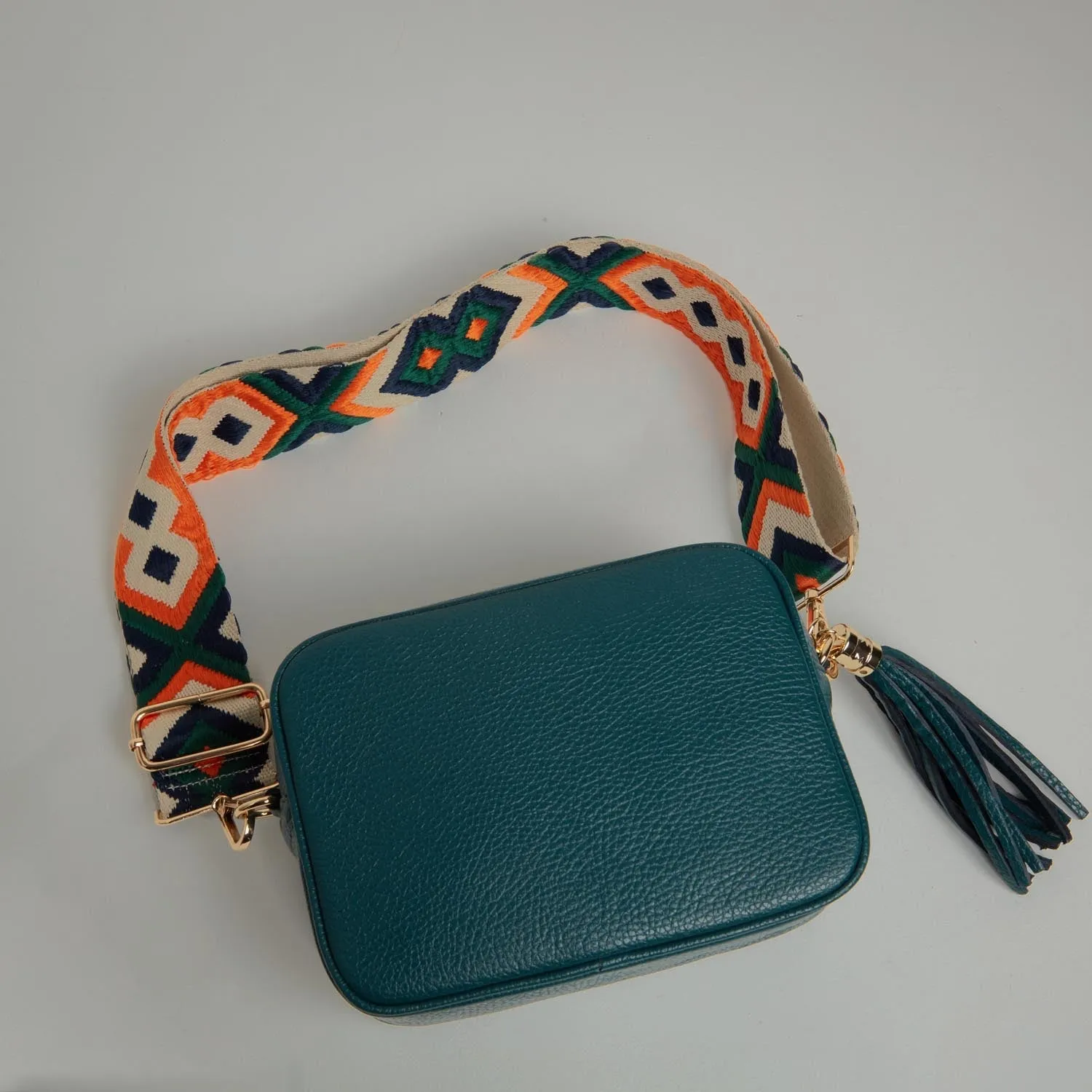 Verona Crossbody Tassel Teal Bag with Orange and Navy Boho Strap