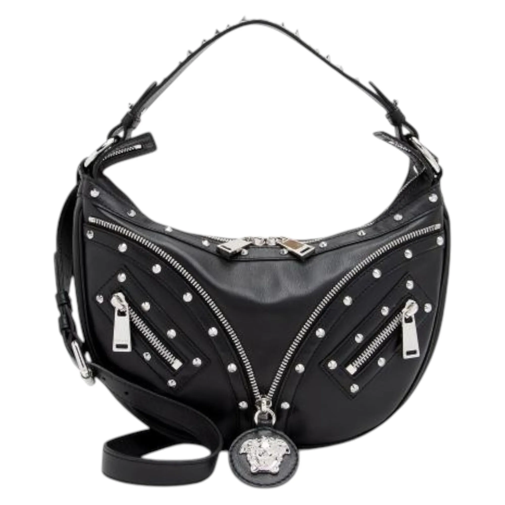 Versace Bag, Black Leather Studded Repeat Hobo Bag