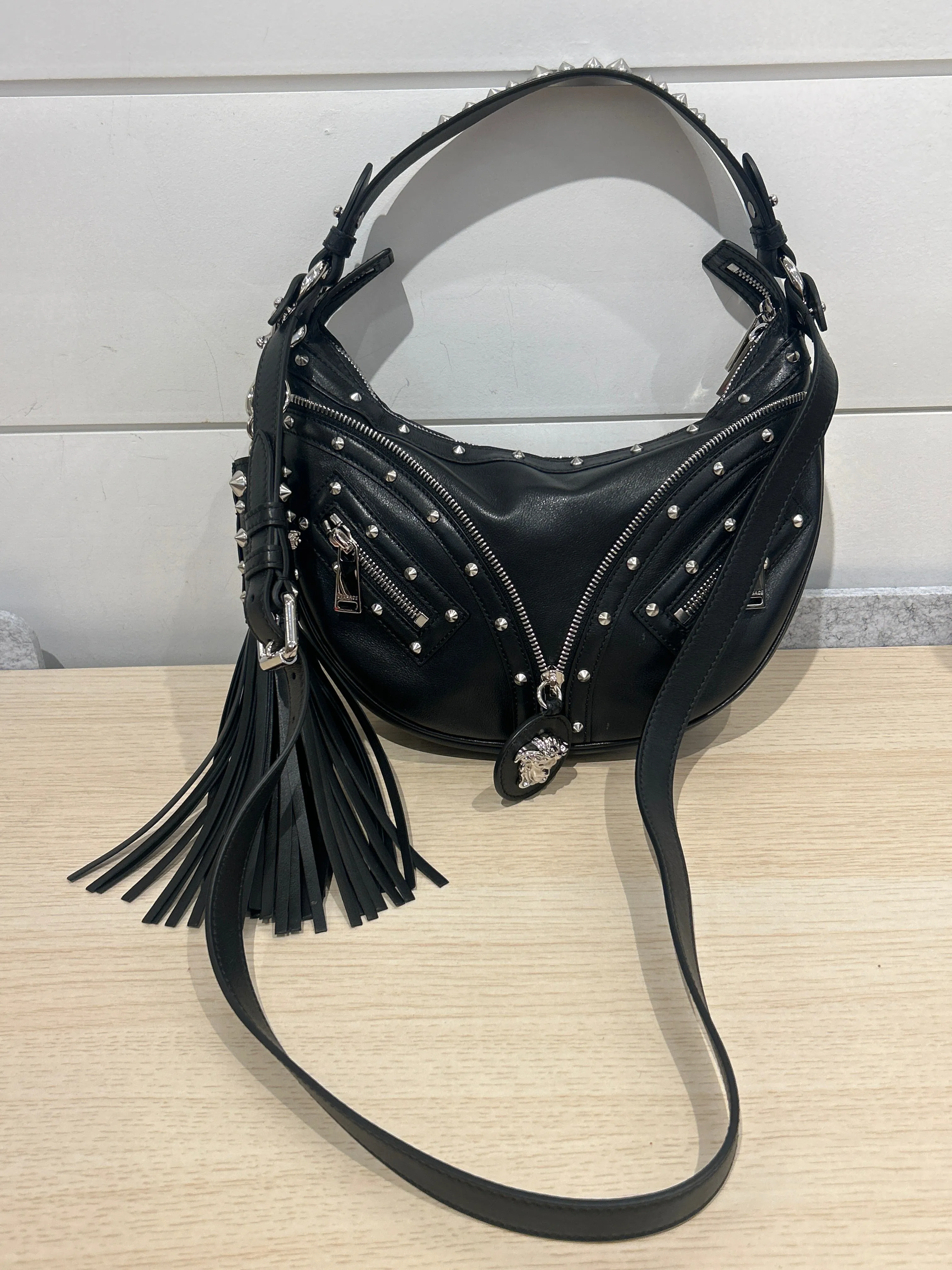 Versace Bag, Black Leather Studded Repeat Hobo Bag