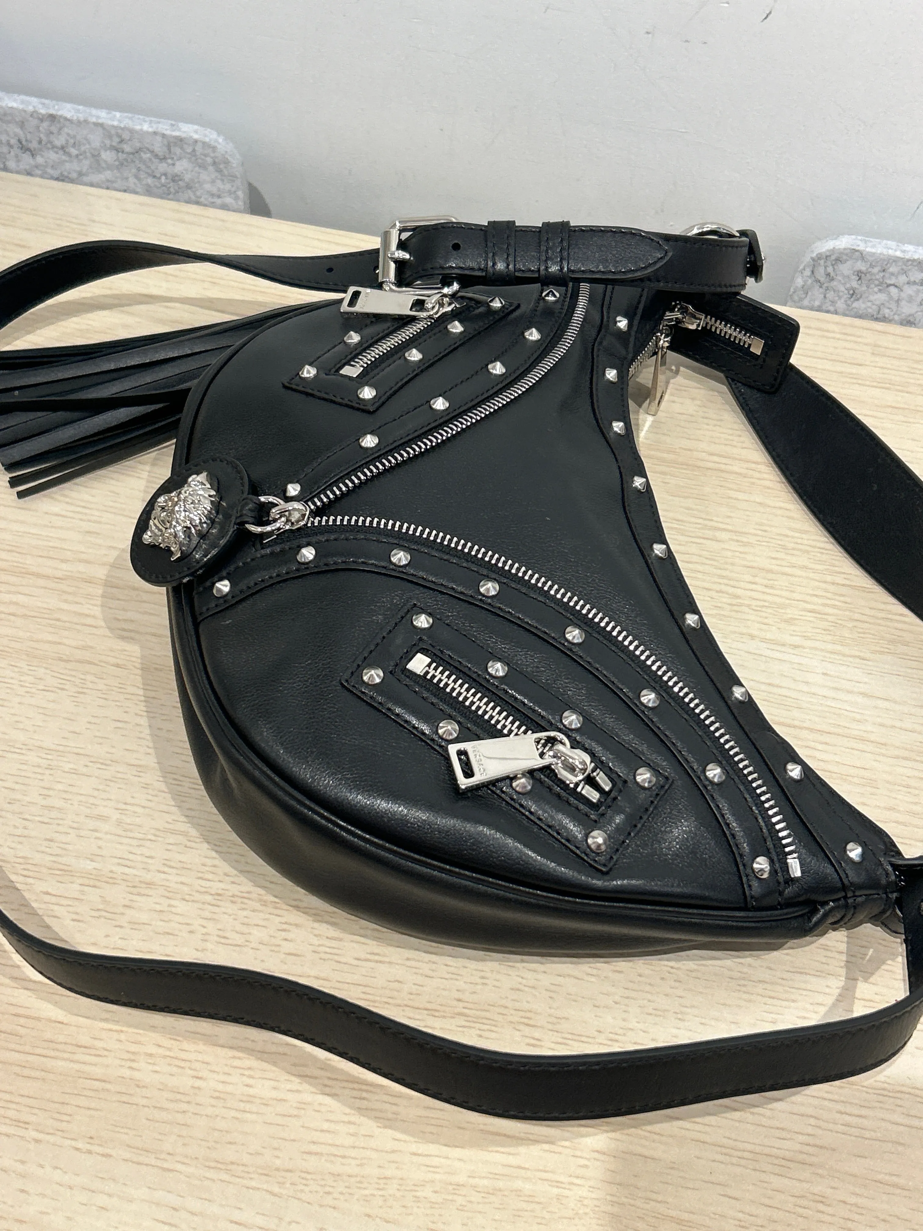 Versace Bag, Black Leather Studded Repeat Hobo Bag