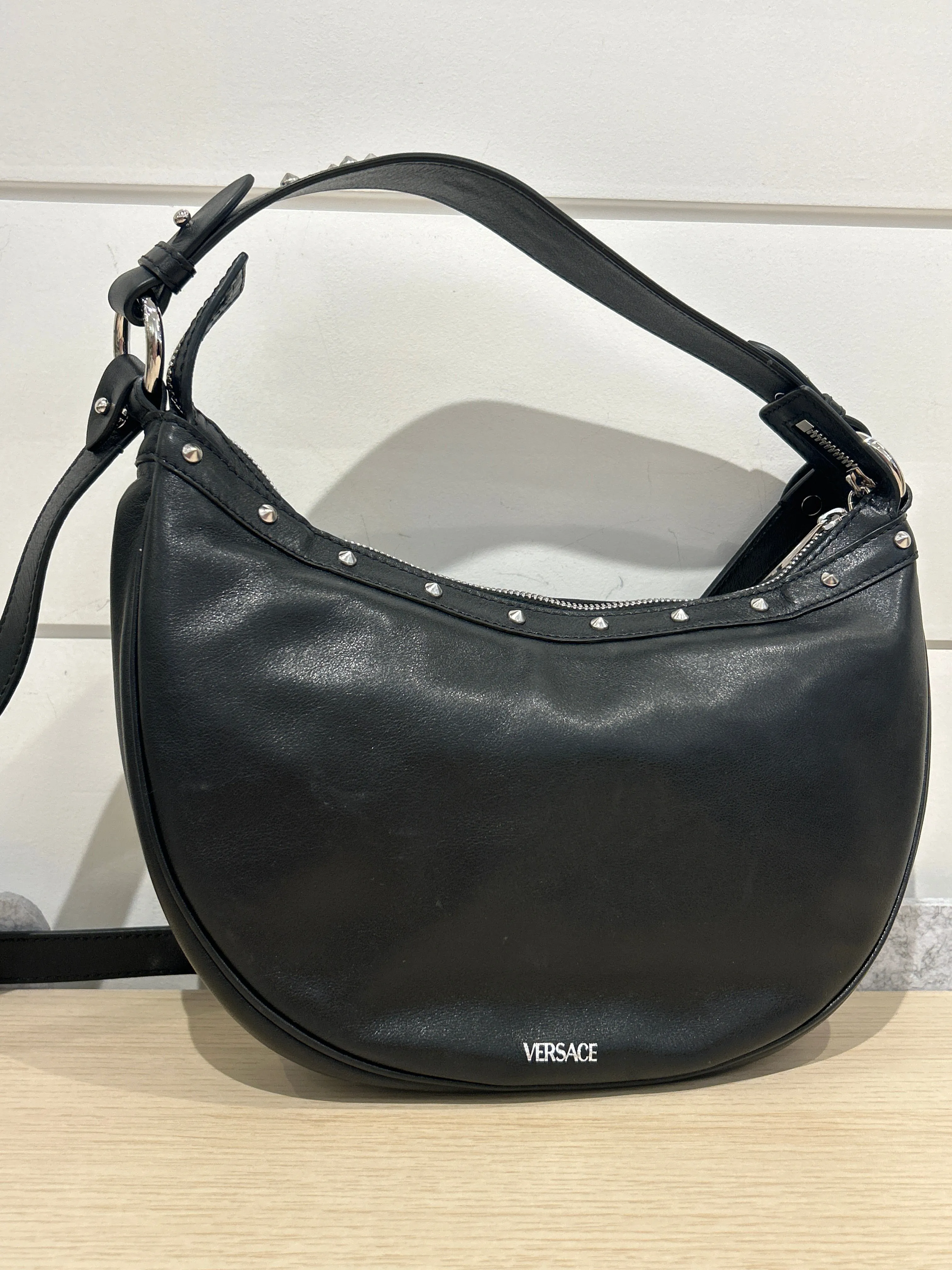 Versace Bag, Black Leather Studded Repeat Hobo Bag