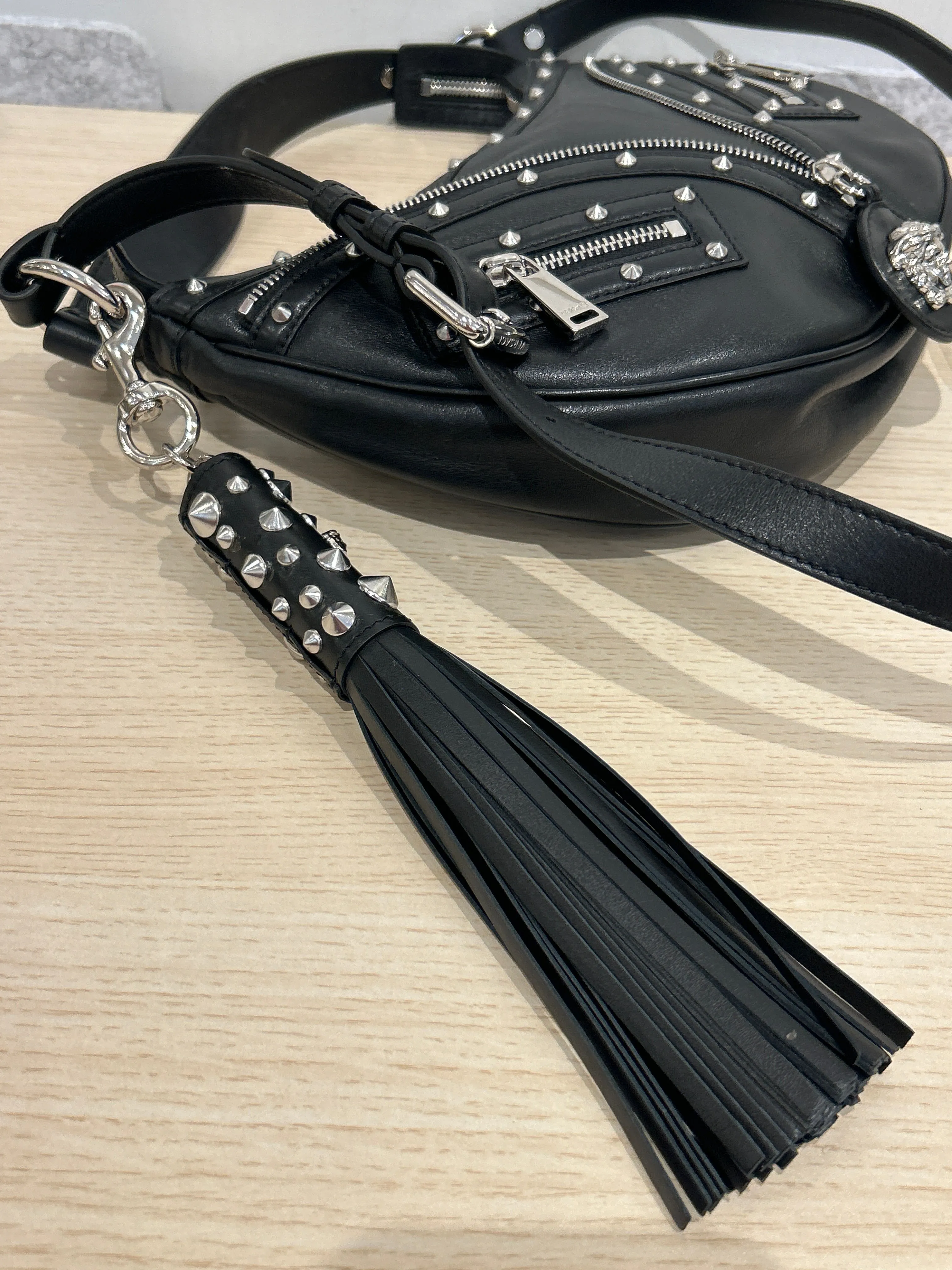 Versace Bag, Black Leather Studded Repeat Hobo Bag