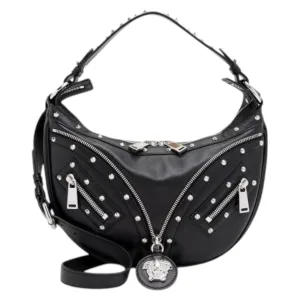 Versace Bag, Black Leather Studded Repeat Hobo Bag