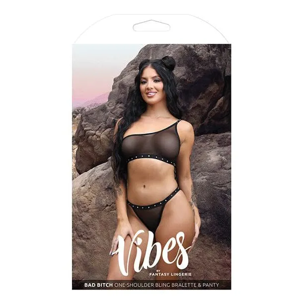 Vibes Bad Bitch One Shoulder Bling Bralette & Panty