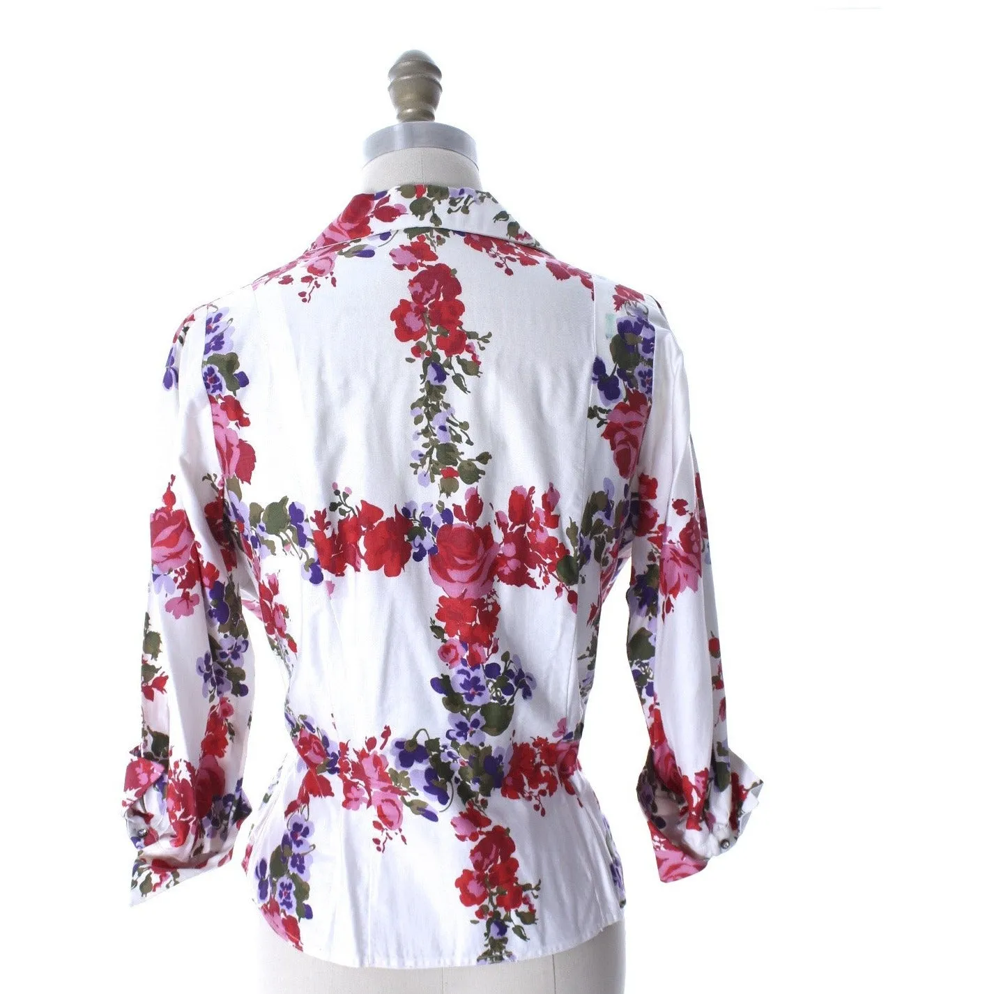 Vintage 1950s Cotton Blouse Floral Print Malbe Womens L  Rhinestone Studded Lovely Womens Mid-Century