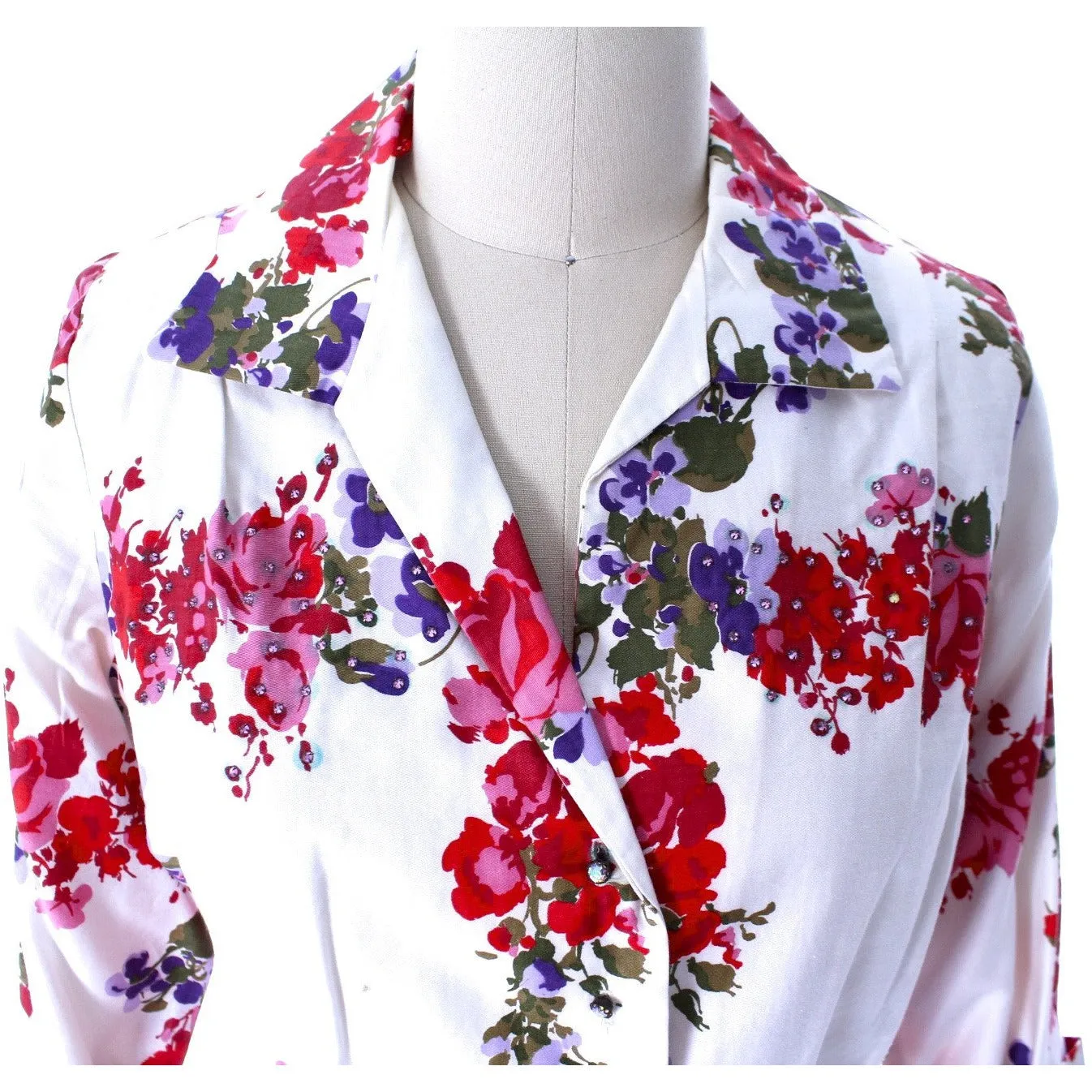 Vintage 1950s Cotton Blouse Floral Print Malbe Womens L  Rhinestone Studded Lovely Womens Mid-Century
