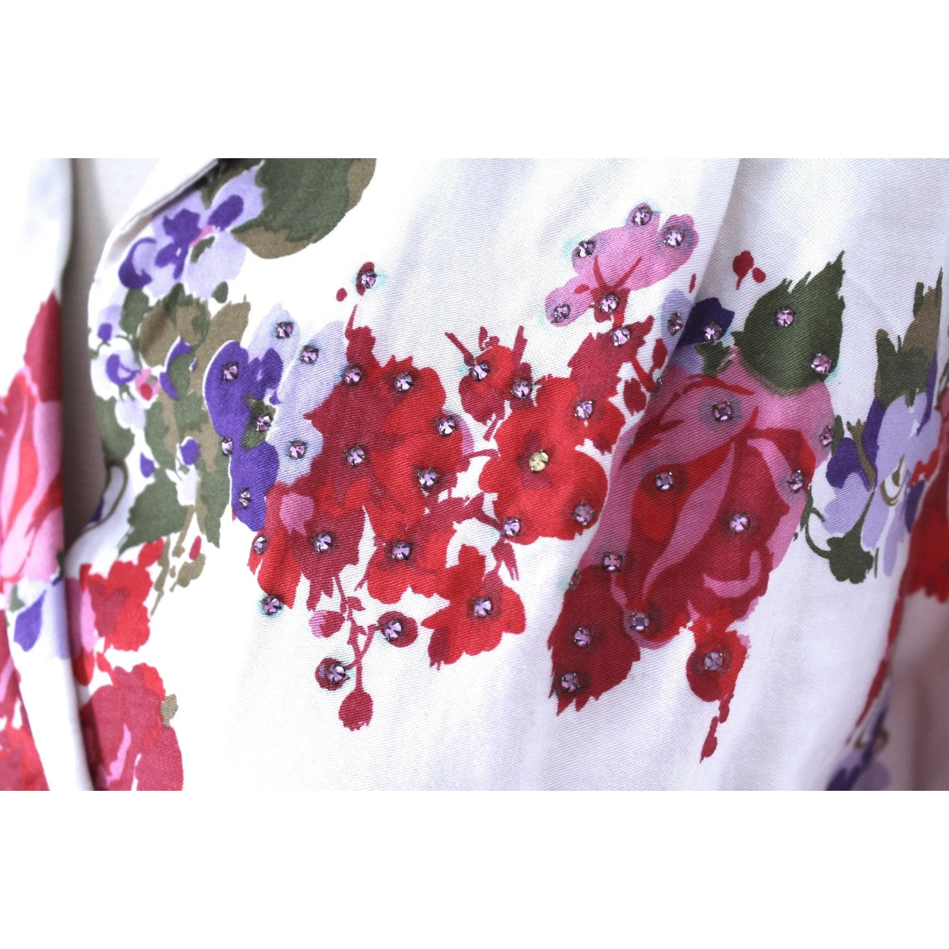 Vintage 1950s Cotton Blouse Floral Print Malbe Womens L  Rhinestone Studded Lovely Womens Mid-Century